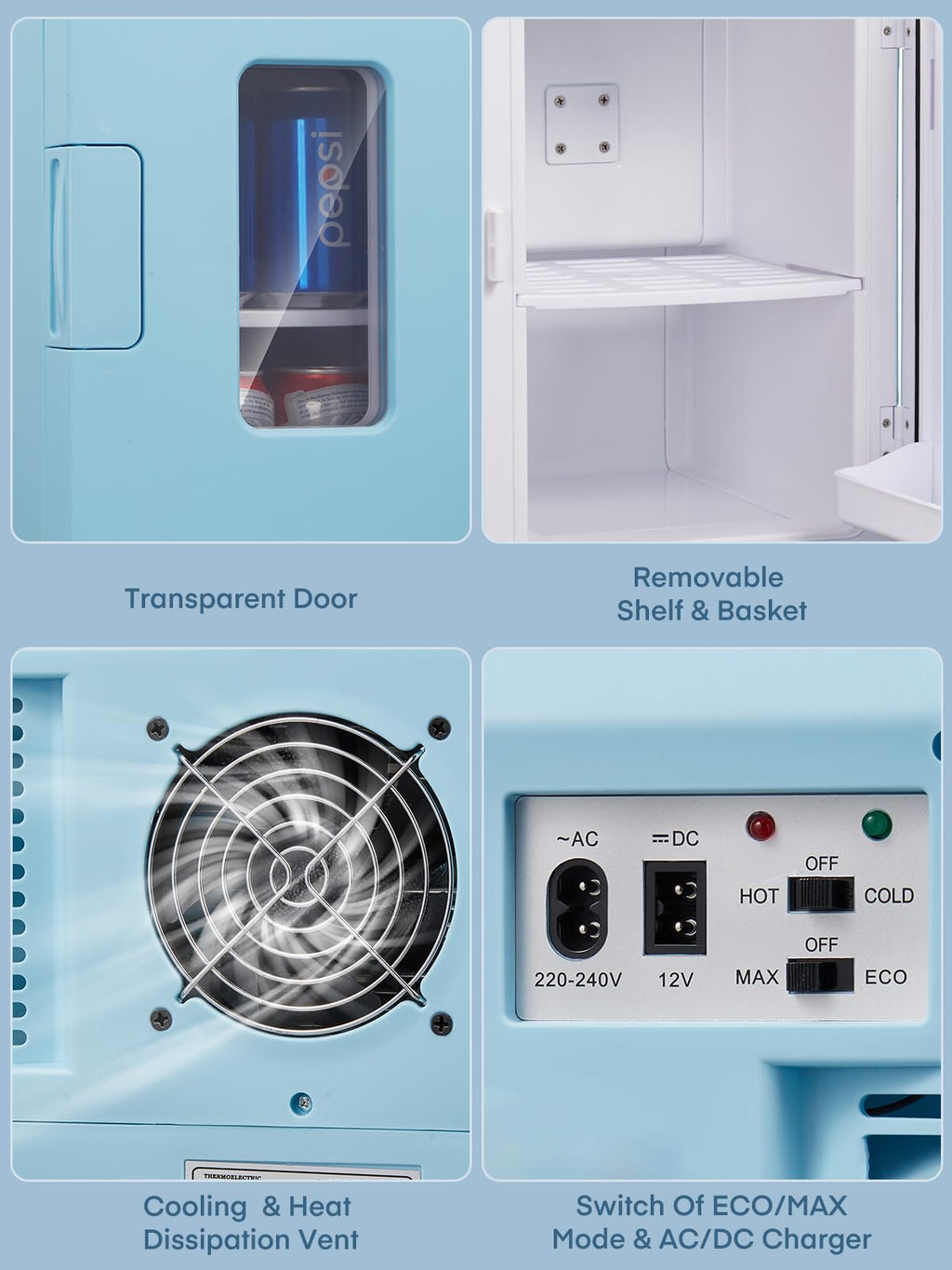 Mini Fridge for Bedrooms, 15 Liter /21 Cans Portable Small Fridge, AC+DC Power Car, Office, Thermoelectric Cooler & Warmer Skincare for Food, Drinks, Cosmetics, Max & ECO Mode, Black