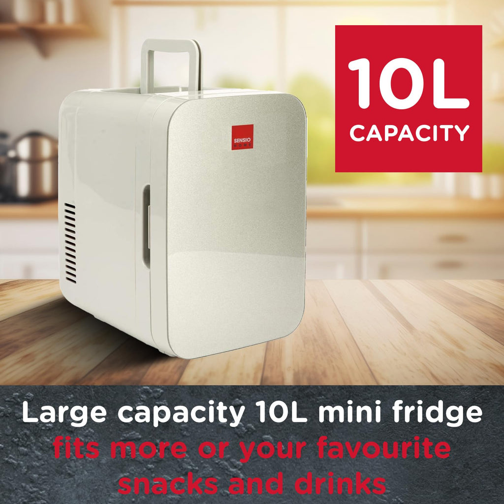 SENSIOHOME 10L Mini Fridge Cooler & Warmer for Drinks, Food, Skincare, Beauty, Makeup, Medicine, Insulin, Milk, AC+DC, 12v, UK & EU Plug, Portable, For Home, Bedroom, Travel, Camping, Car, Gaming, Uni