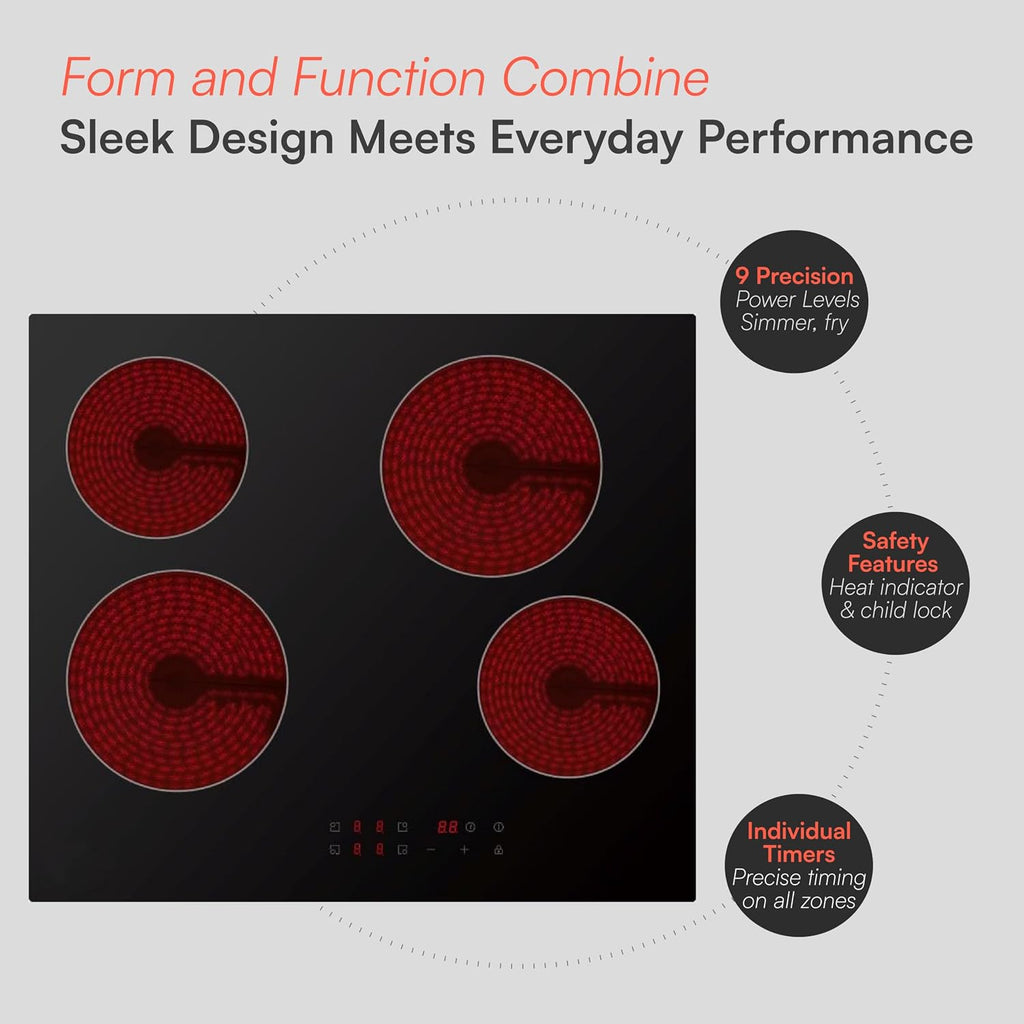 Cookology 60cm Electric Ceramic Hob - 4 Zone 6000W - Touch Control Panel - 9 Power Levels - Residual Heat Indicators & Child Lock - Easy-Clean