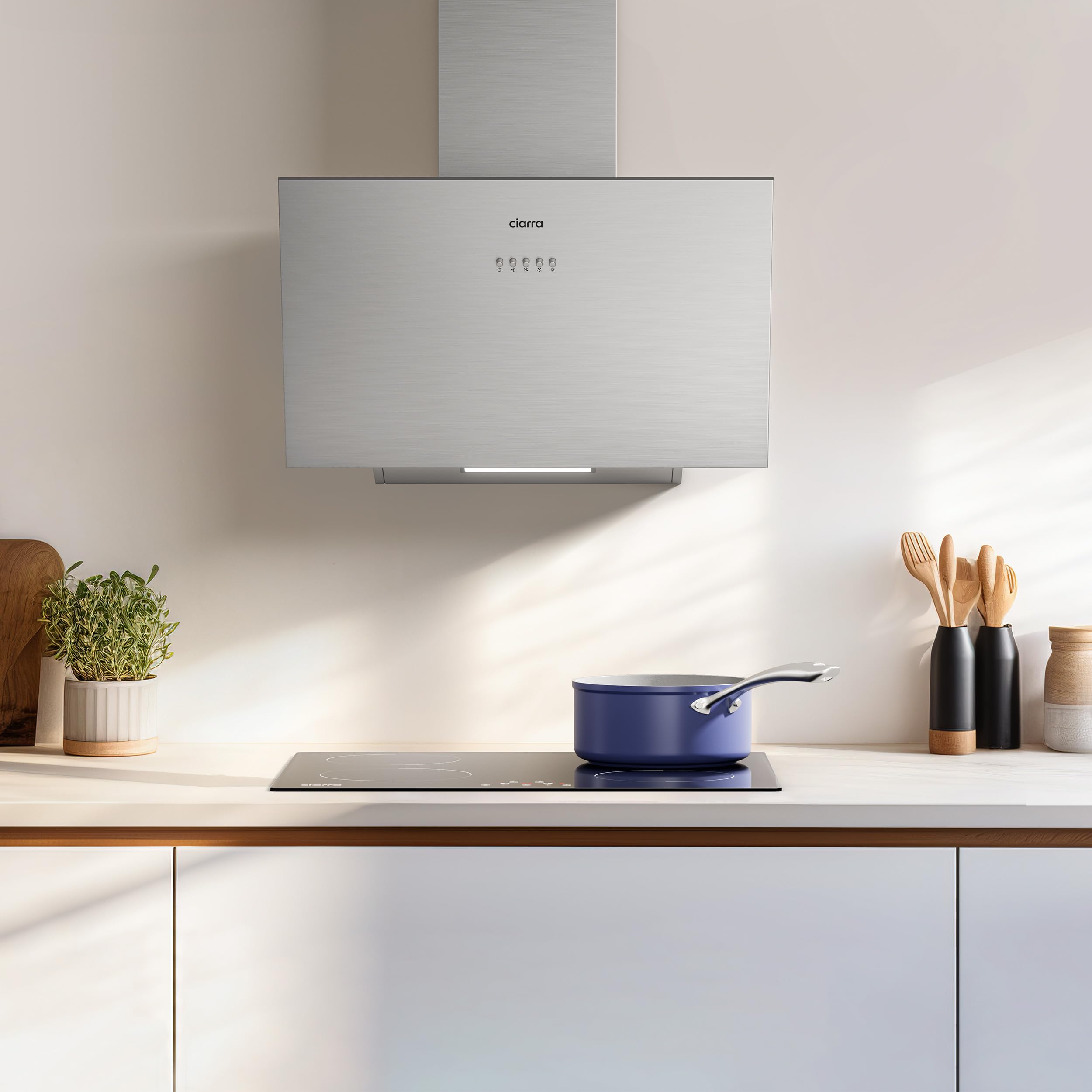 CIARRA CBCS6762A Angled Cooker Hood 60cm with CBCF003 Carbon Filters 650m³/h Head-Free Chimney Vent Hood with LED Lights Ducting&Recirculating Kitchen Extractor Fan