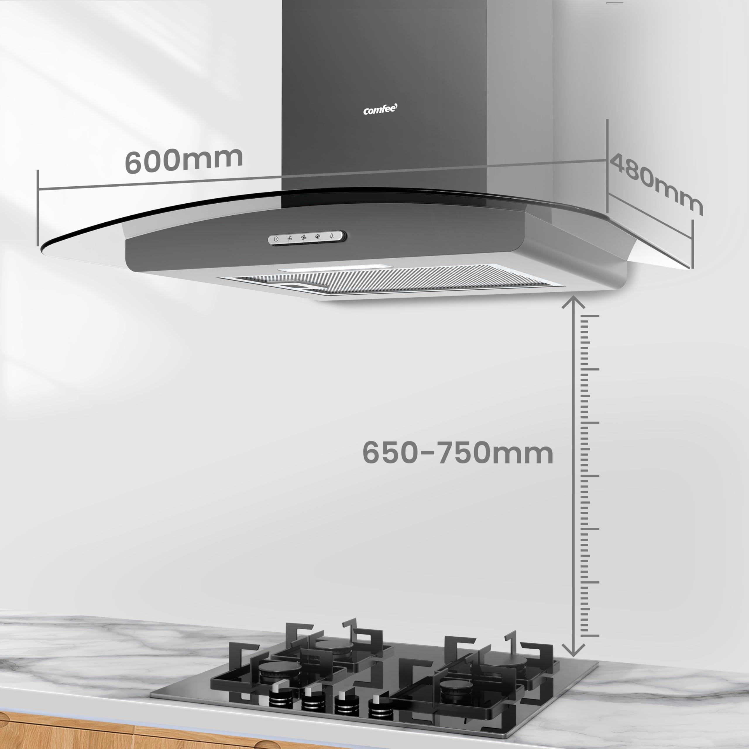 COMFEE' Canopy Cooker Hood 60cm GLAV17B-60 Curved Glass Chimney Hood with LED Light, 600mm Kitchen Extractor Fan Kitchen- Black