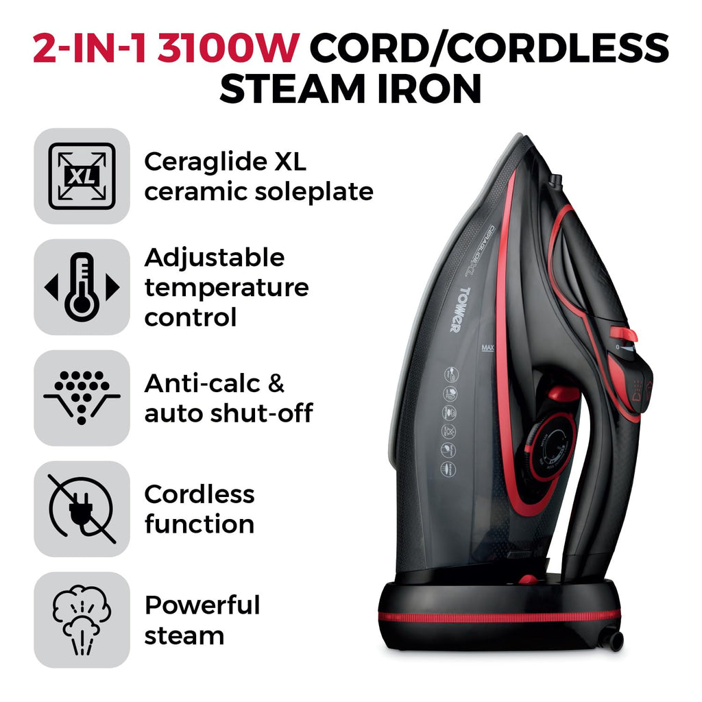 Tower T22008 CeraGlide Cordless Steam Iron with Ceramic Soleplate and Variable Steam Function, 2400 W, Purple