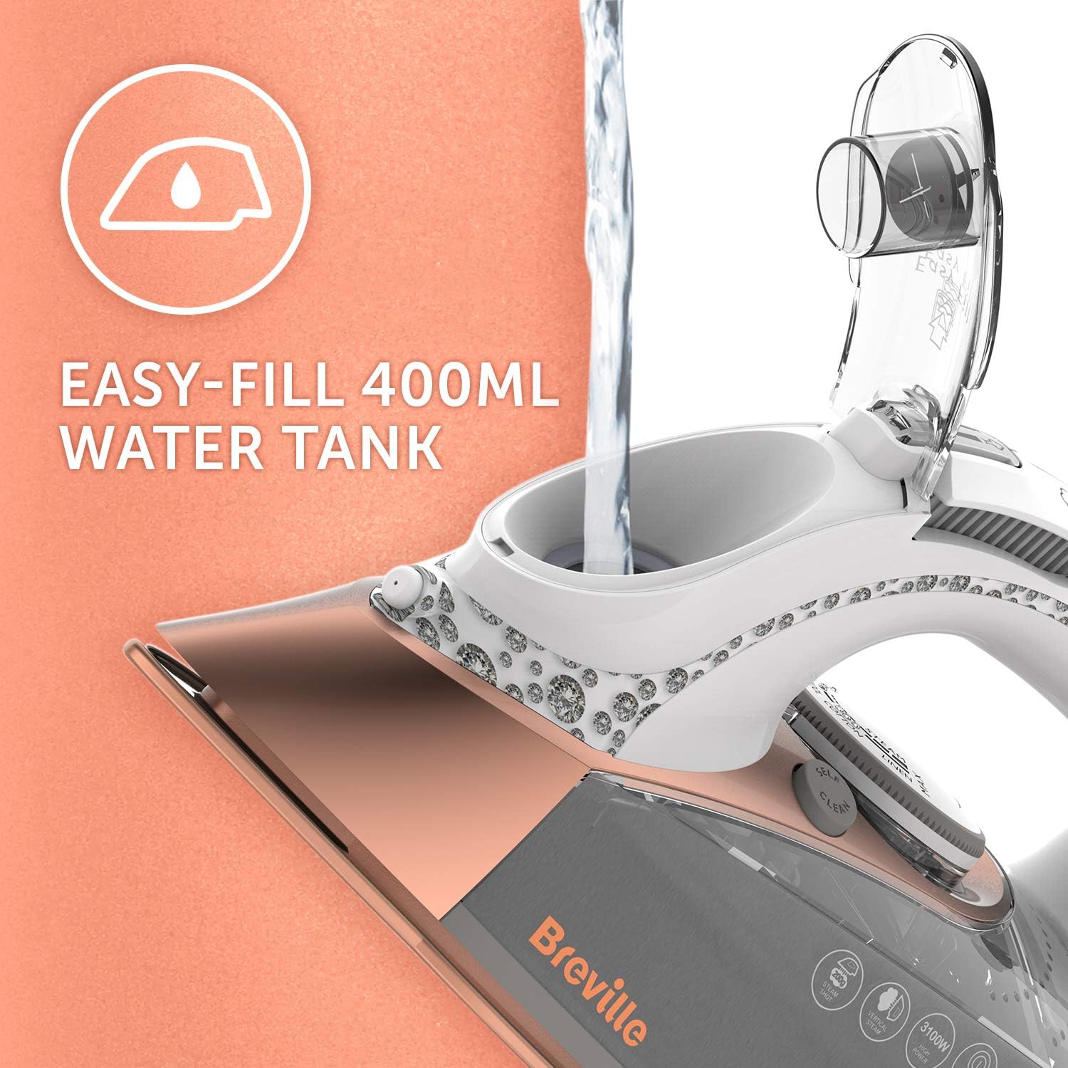 Breville DiamondXpress Steam Iron | 3100 W | 200G Steam Shot | Multi-Directional Diamond Ceramic Soleplate | 400 ml Easy-Fill Water Tank White & Rose Gold | VIN401