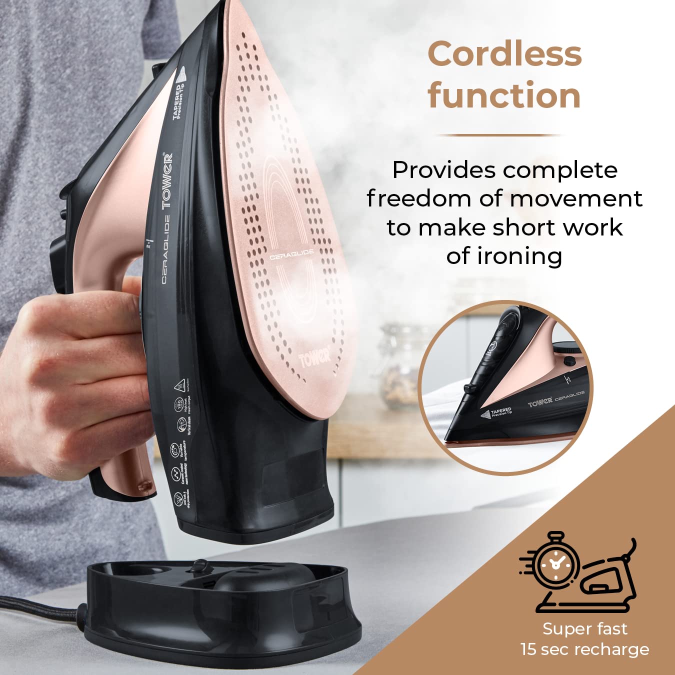Tower T22008 CeraGlide Cordless Steam Iron with Ceramic Soleplate and Variable Steam Function, 2400 W, Purple
