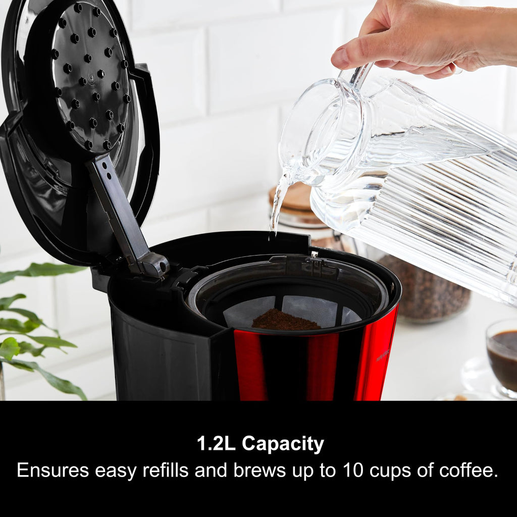 Morphy Richards Equip Filter Coffee Machine, Coffee Maker for Instant Coffee, Pour Over Technology, 10 Cup, Anti Drip, Reusable Filter, Keep Warm, Aroma Blender, Black/Brushed Steel, 162501