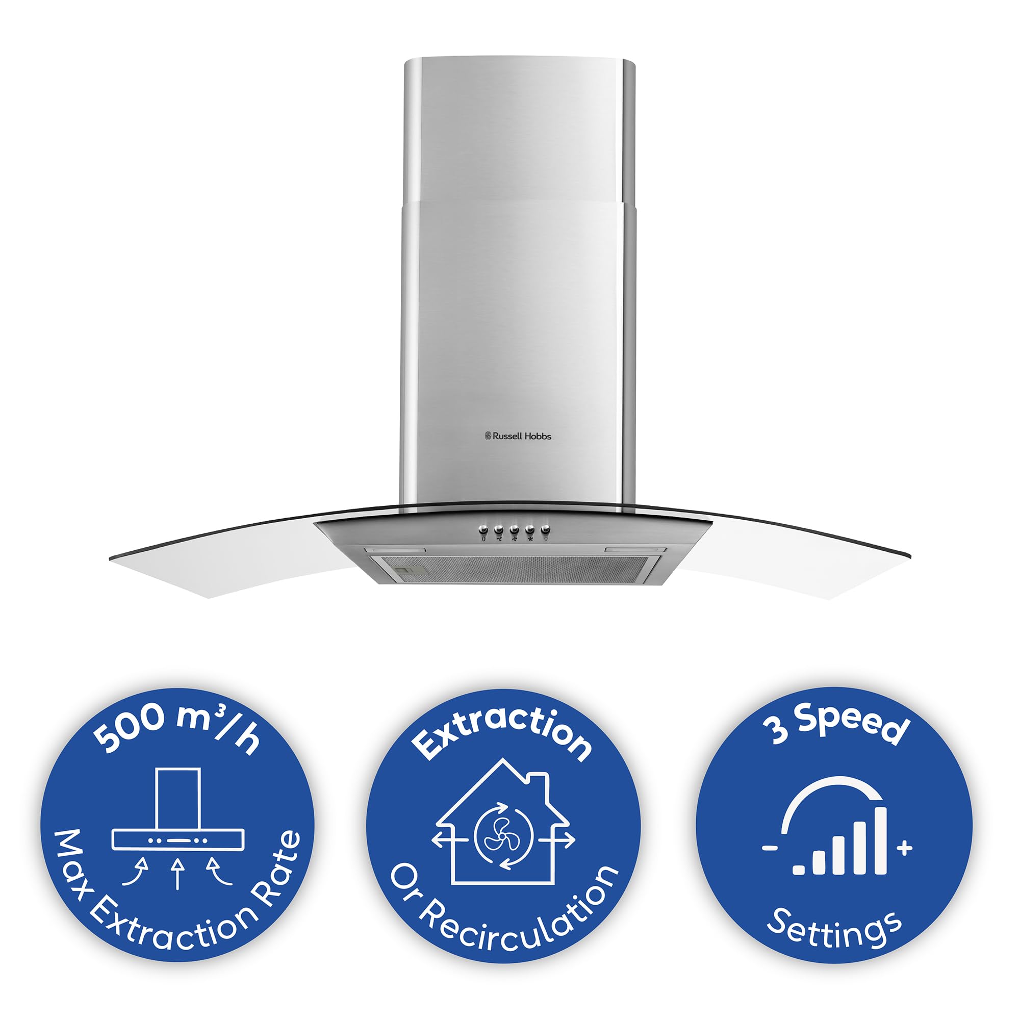 Russell Hobbs 60cm Curved Glass Cooker Hood in Stainless Steel with 3 Speed Settings, 1 x Carbon Filter, Extraction or Recirculation, 540m³/h Extraction Rate, A+ Energy Rating, RH60GCH92A1SS