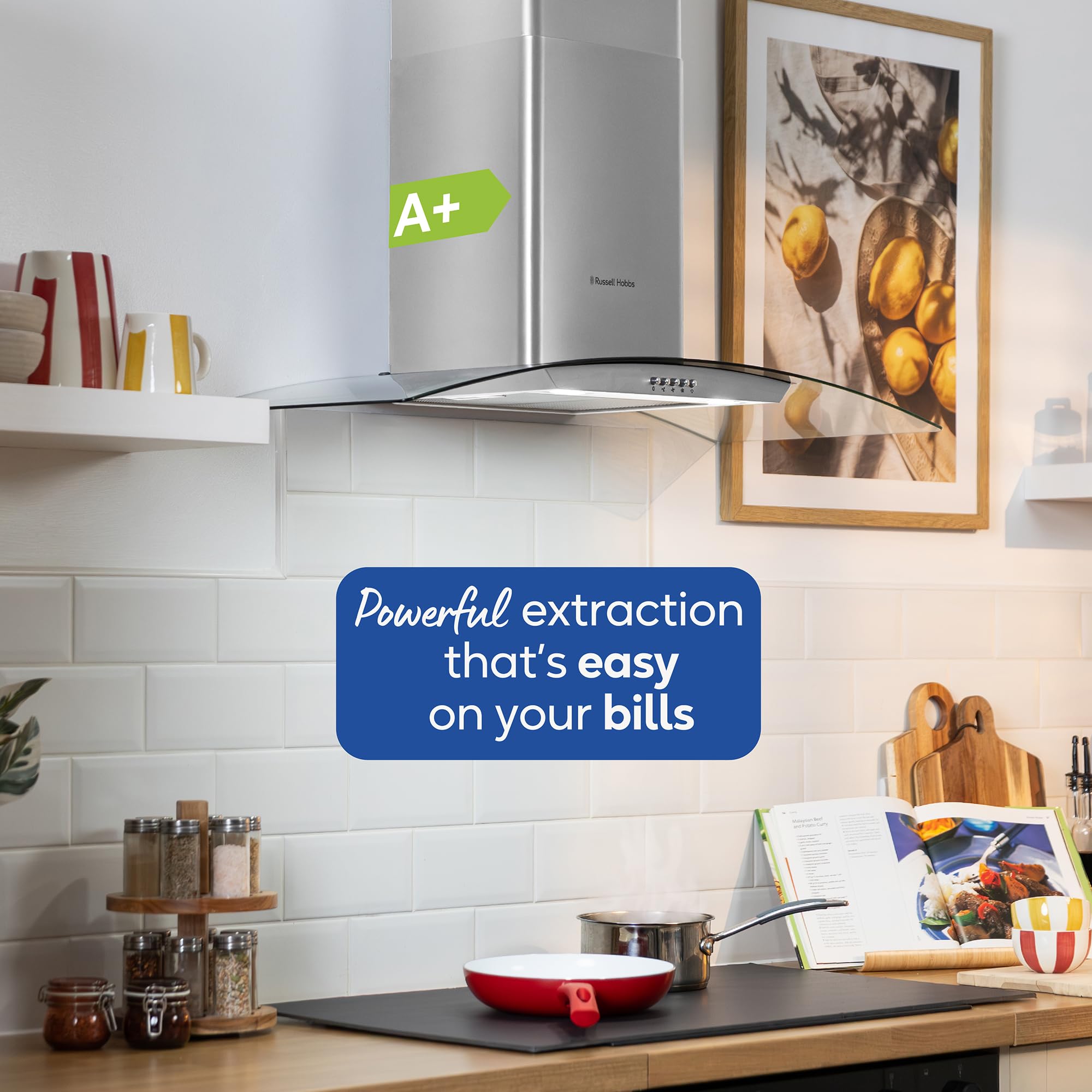 Russell Hobbs 60cm Curved Glass Cooker Hood in Stainless Steel with 3 Speed Settings, 1 x Carbon Filter, Extraction or Recirculation, 540m³/h Extraction Rate, A+ Energy Rating, RH60GCH92A1SS