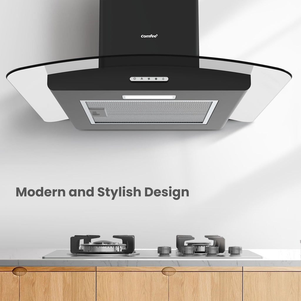 COMFEE' Canopy Cooker Hood 60cm GLAV17B-60 Curved Glass Chimney Hood with LED Light, 600mm Kitchen Extractor Fan Kitchen- Black
