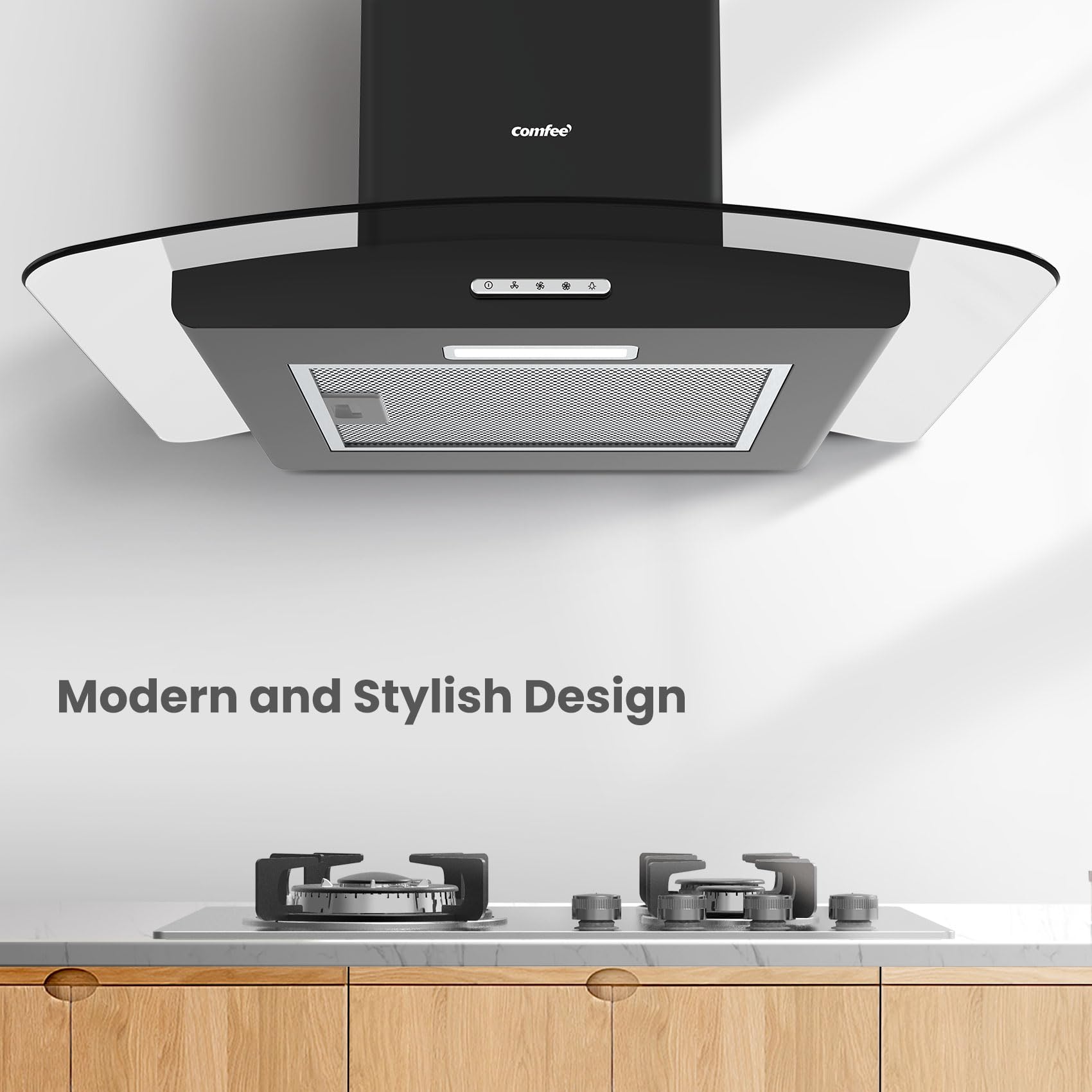 COMFEE' Canopy Cooker Hood 60cm GLAV17B-60 Curved Glass Chimney Hood with LED Light, 600mm Kitchen Extractor Fan Kitchen- Black