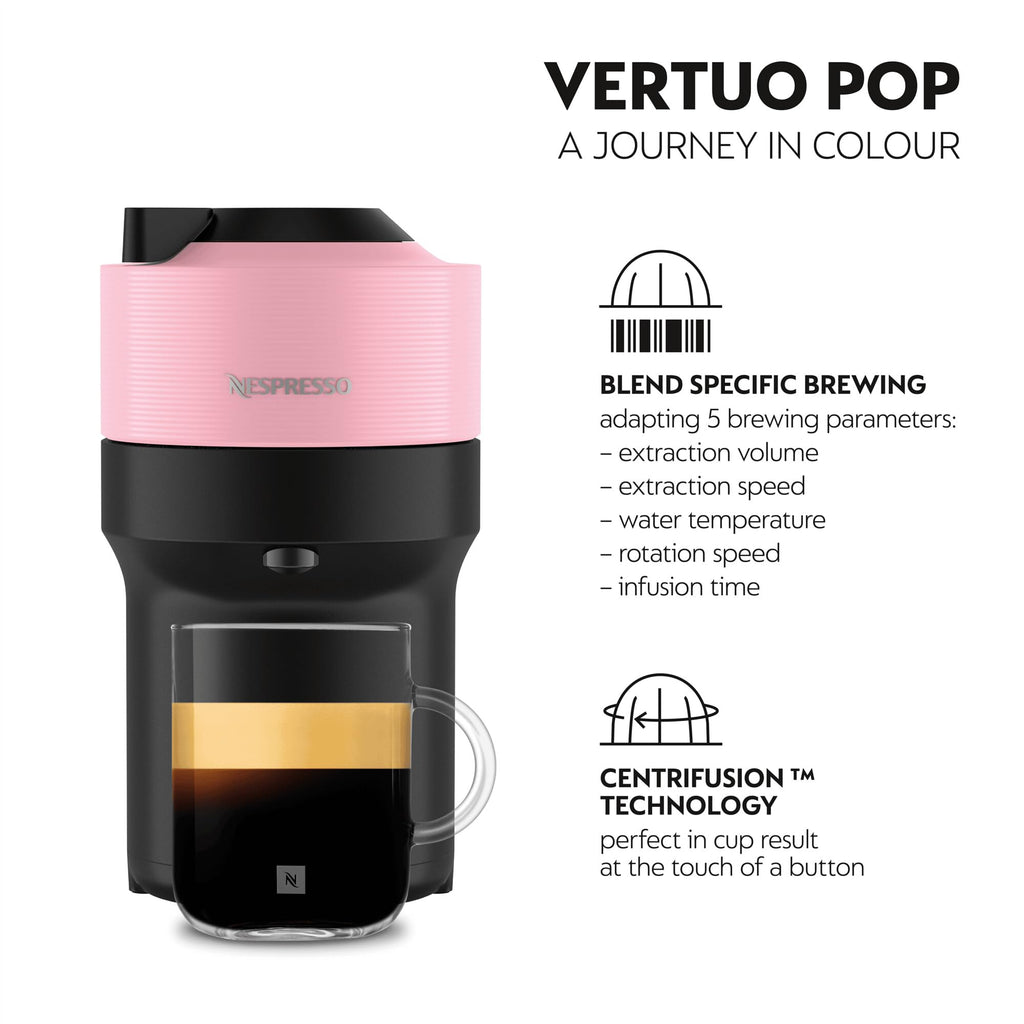 Nespresso Vertuo Pop Coffee Machine by De'Longhi, Over 40 Varieties of Pods, 6 Coffee Cup Sizes, Espresso, Cappuccino, Starter Capsule Set Included, ENV90.P, Pink