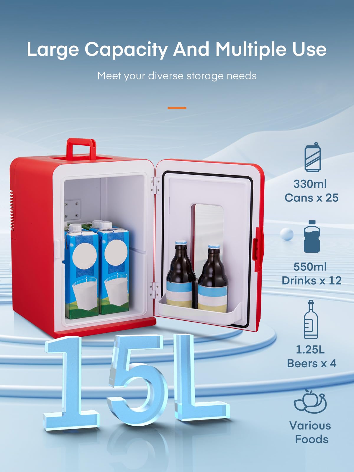 Mini Fridge for Bedrooms, 15 Liter /21 Cans Portable Small Fridge, AC+DC Power Car, Office, Thermoelectric Cooler & Warmer Skincare for Food, Drinks, Cosmetics, Max & ECO Mode, Black