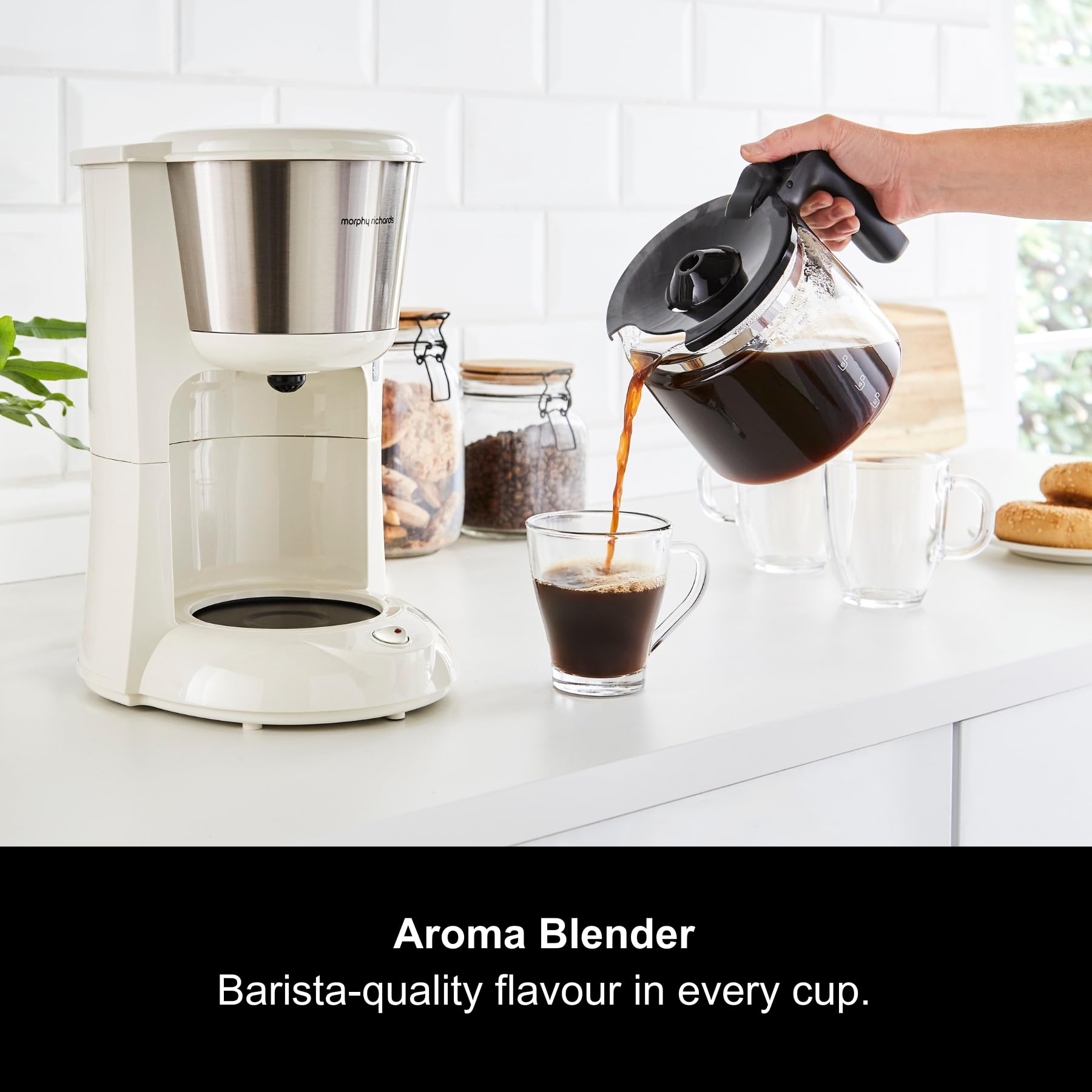 Morphy Richards Equip Filter Coffee Machine, Coffee Maker for Instant Coffee, Pour Over Technology, 10 Cup, Anti Drip, Reusable Filter, Keep Warm, Aroma Blender, Black/Brushed Steel, 162501