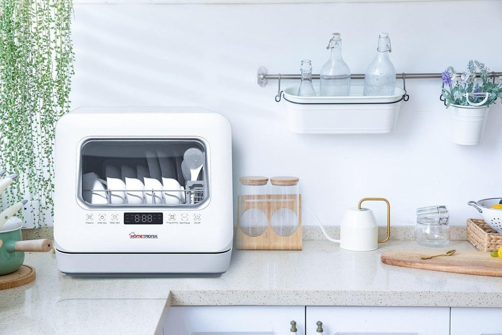 HomeTronix Mini Table Top Dishwasher Compact Countertop Dishwasher with 3 Place Settings, 6 Programmes, Touch Control, LED Display, Wash Dry and Fresh Function,7.5L Water Tank- White