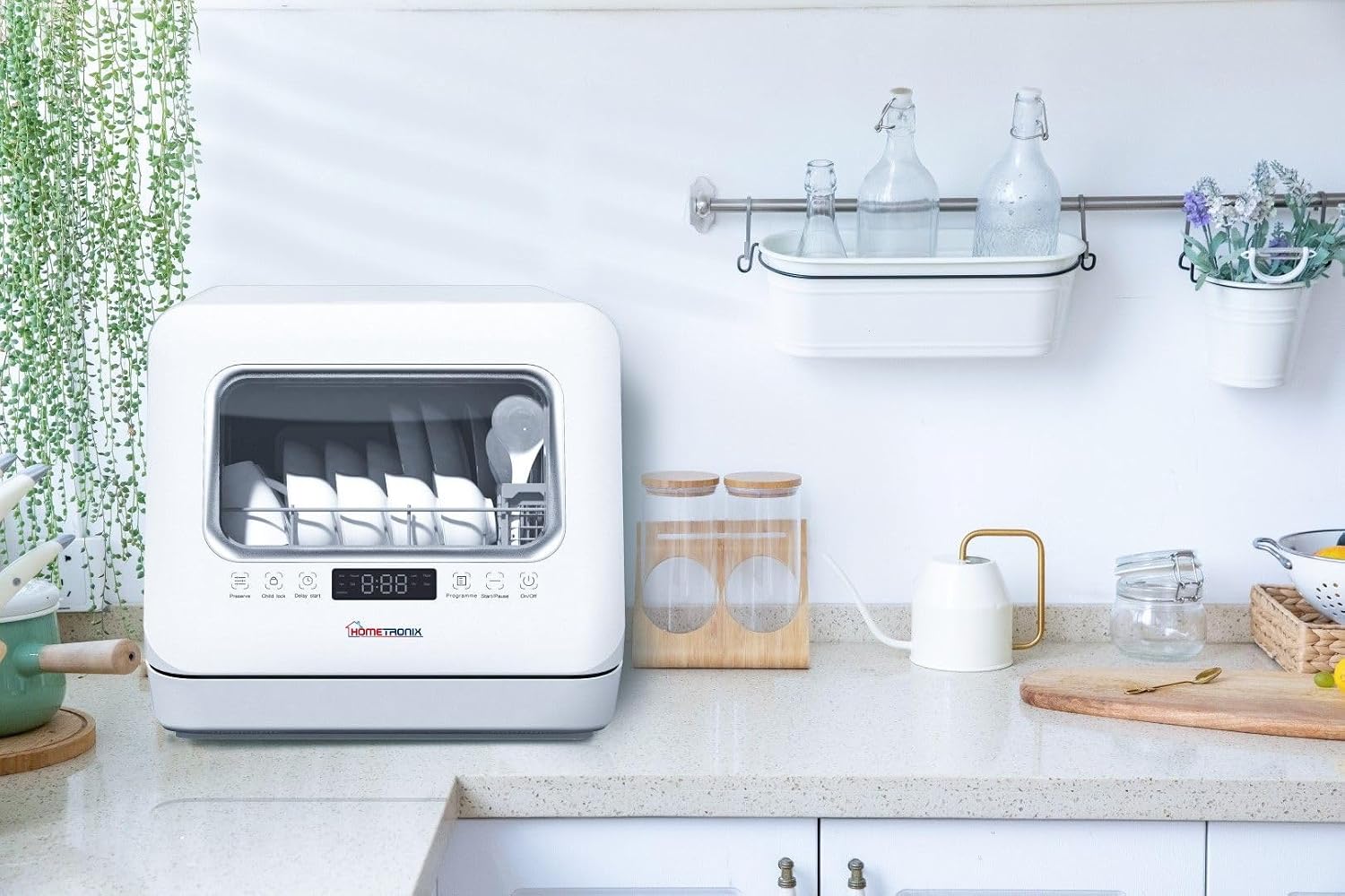 HomeTronix Mini Table Top Dishwasher Compact Countertop Dishwasher with 3 Place Settings, 6 Programmes, Touch Control, LED Display, Wash Dry and Fresh Function,7.5L Water Tank- White