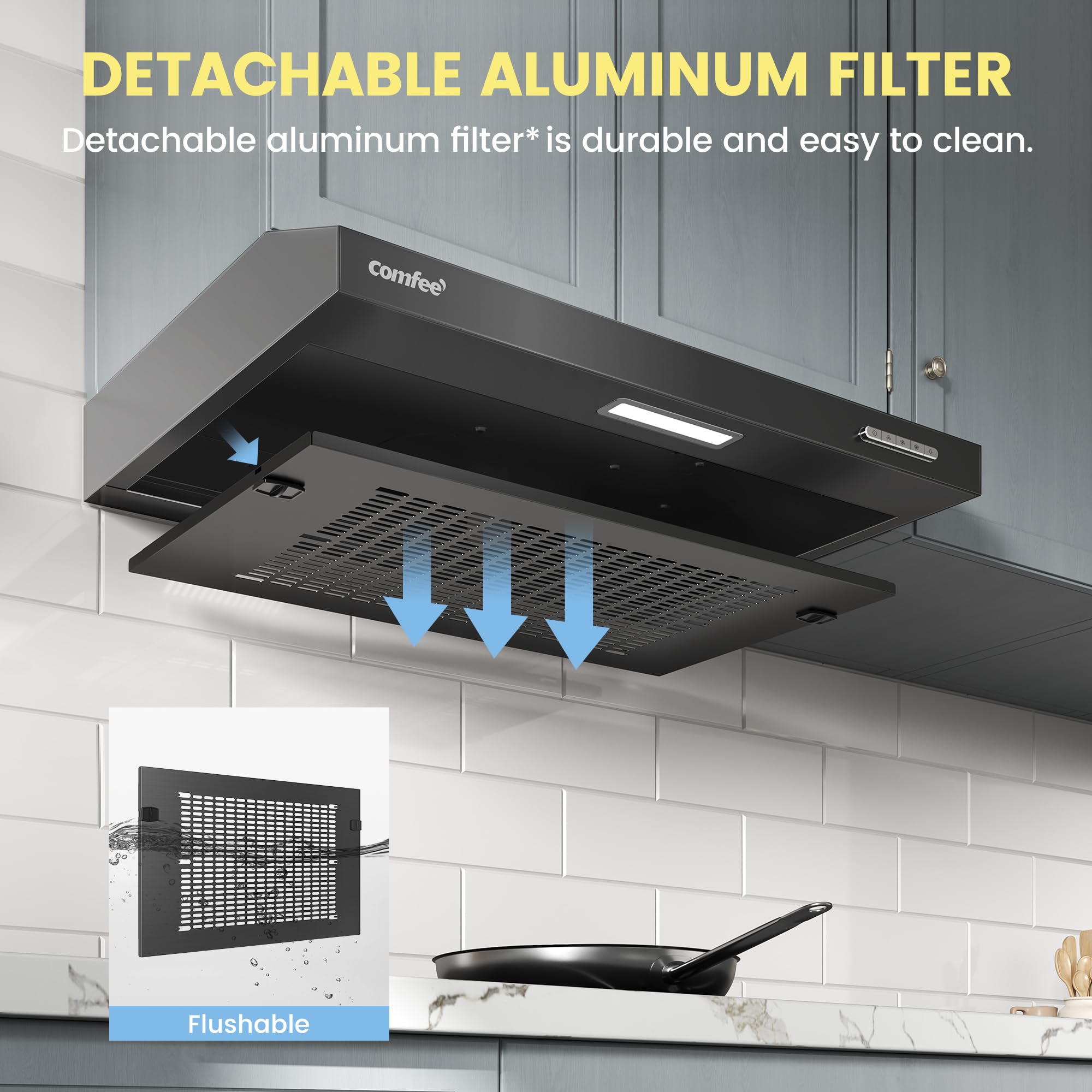 COMFEE' Visor Cooker Hood SLIF17SS-60 LED Extractor Hood Under Cabinet Hood Wall Mounted Extractor Fan Kitchen 60cm Top Vented Range Hood - Stainless Steel