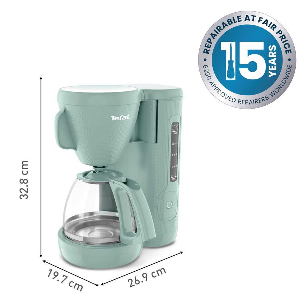 Tefal Morning Filter Coffee Maker - Eucalyptus, 1.25L Capacity, Permanent Reusable Filter, Drip-Stop System, Keep-Warm Function, Easy Fill Water Tank, 1000W, CM2M13G0