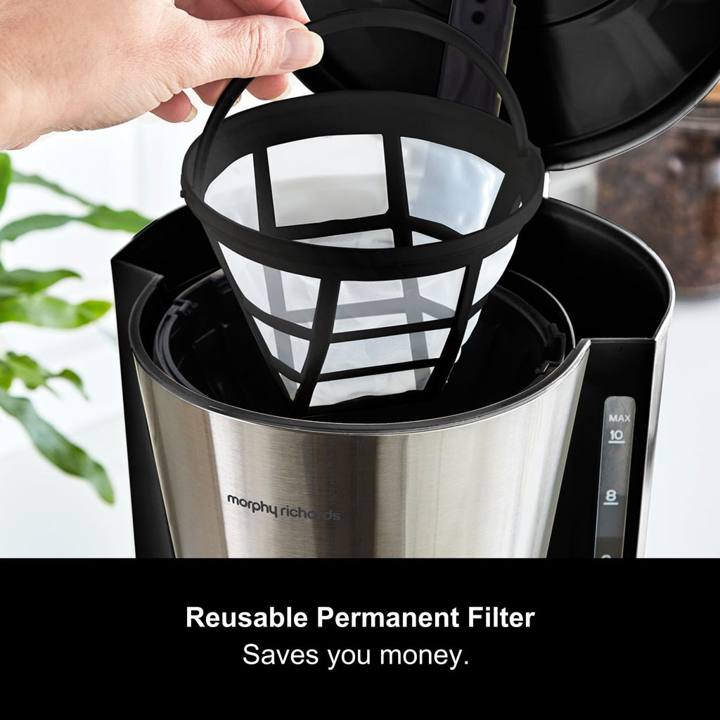 Morphy Richards Equip Filter Coffee Machine, Coffee Maker for Instant Coffee, Pour Over Technology, 10 Cup, Anti Drip, Reusable Filter, Keep Warm, Aroma Blender, Black/Brushed Steel, 162501