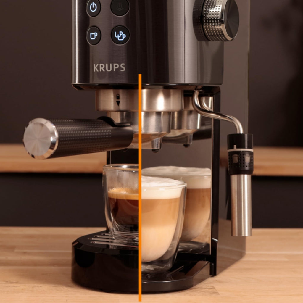 Krups Virtuoso+ Pump Espresso Machine – Compact Black Stainless-Steel Design, 15-Bar Pump for Rich Extraction, Auto Flow-Stop, 4-Button Interface & Steam Nozzle for Espresso & Cappuccino - XP444GG0