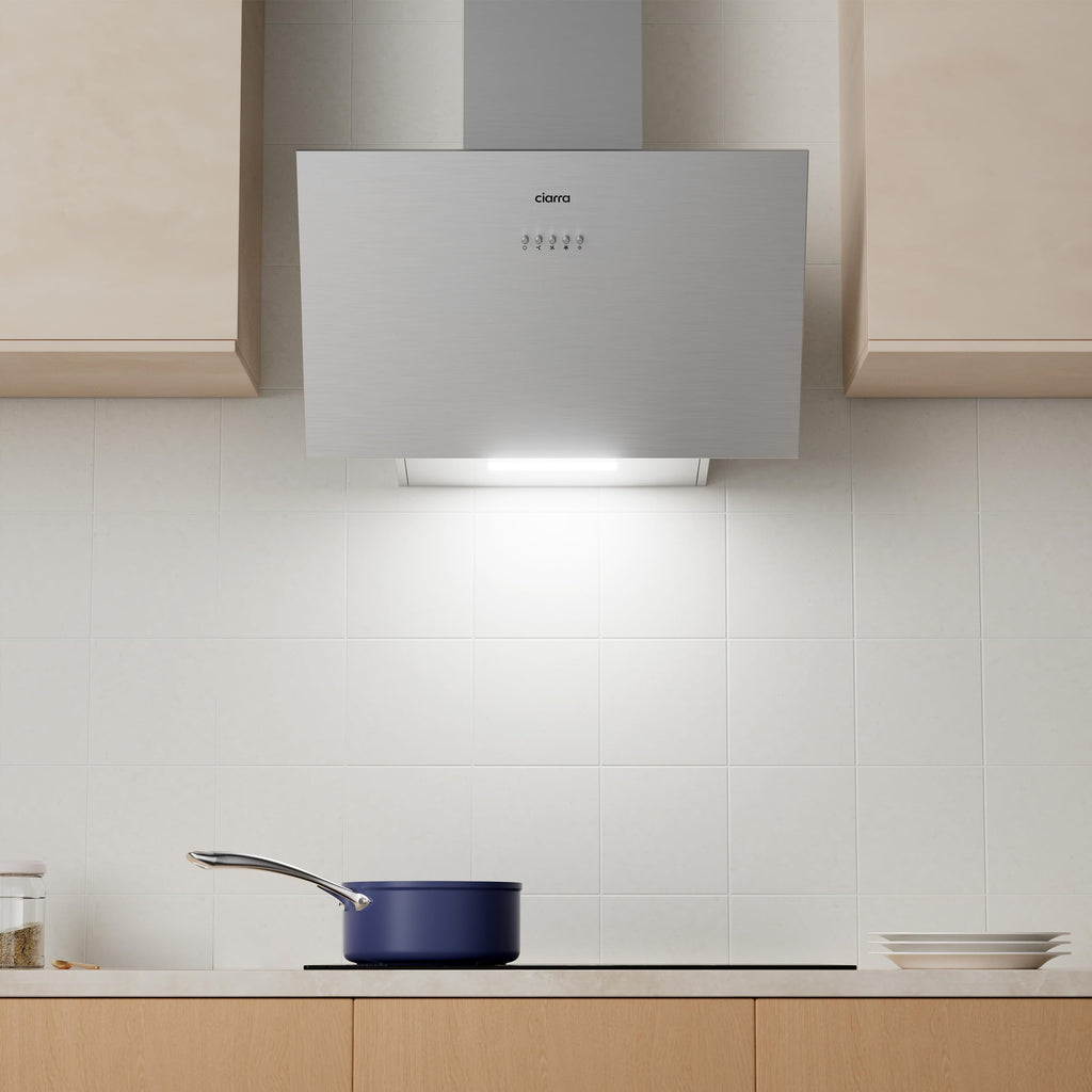CIARRA CBCS6762A Angled Cooker Hood 60cm with CBCF003 Carbon Filters 650m³/h Head-Free Chimney Vent Hood with LED Lights Ducting&Recirculating Kitchen Extractor Fan