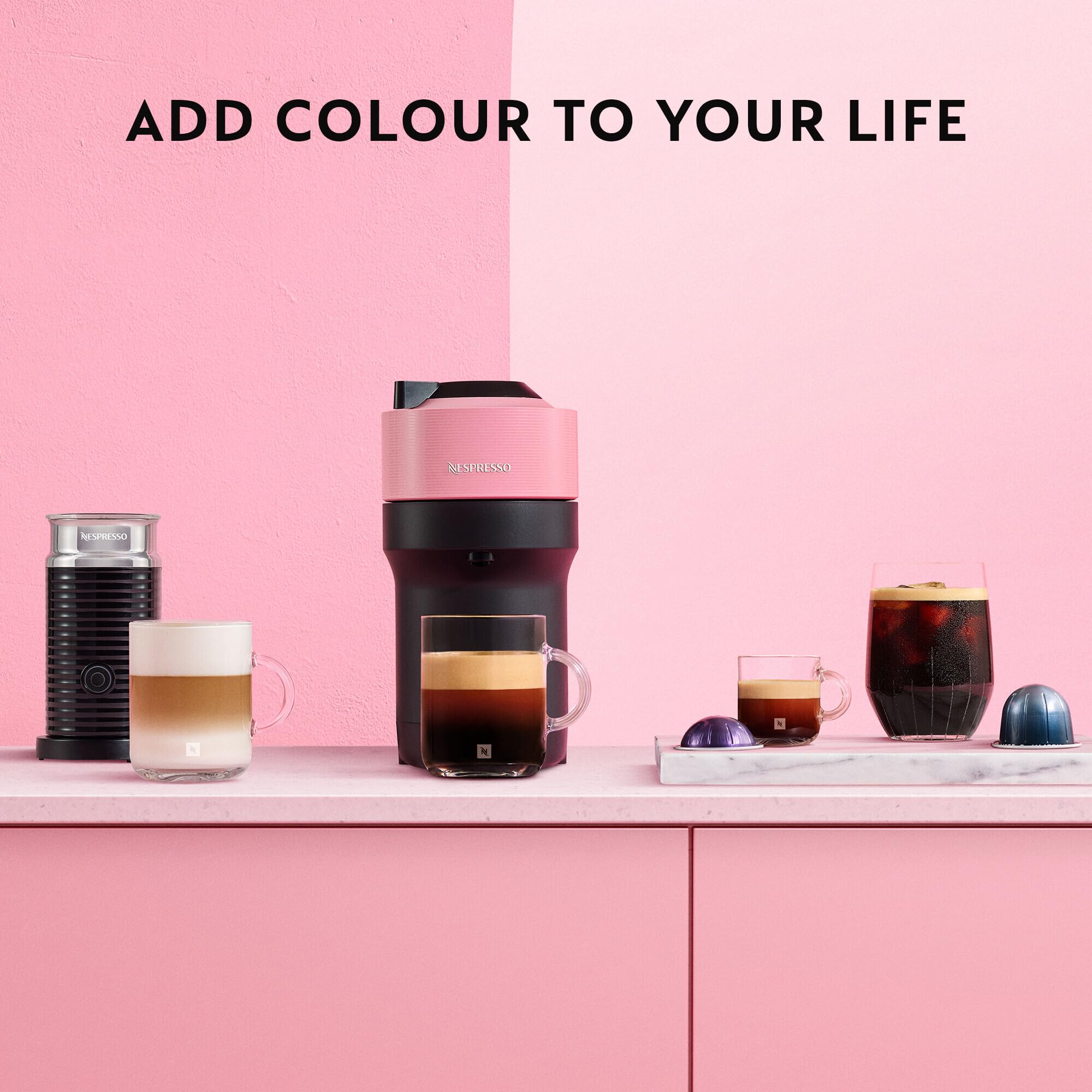 Nespresso Vertuo Pop Coffee Machine by De'Longhi, Over 40 Varieties of Pods, 6 Coffee Cup Sizes, Espresso, Cappuccino, Starter Capsule Set Included, ENV90.P, Pink