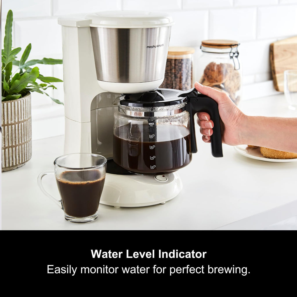 Morphy Richards Equip Filter Coffee Machine, Coffee Maker for Instant Coffee, Pour Over Technology, 10 Cup, Anti Drip, Reusable Filter, Keep Warm, Aroma Blender, Black/Brushed Steel, 162501
