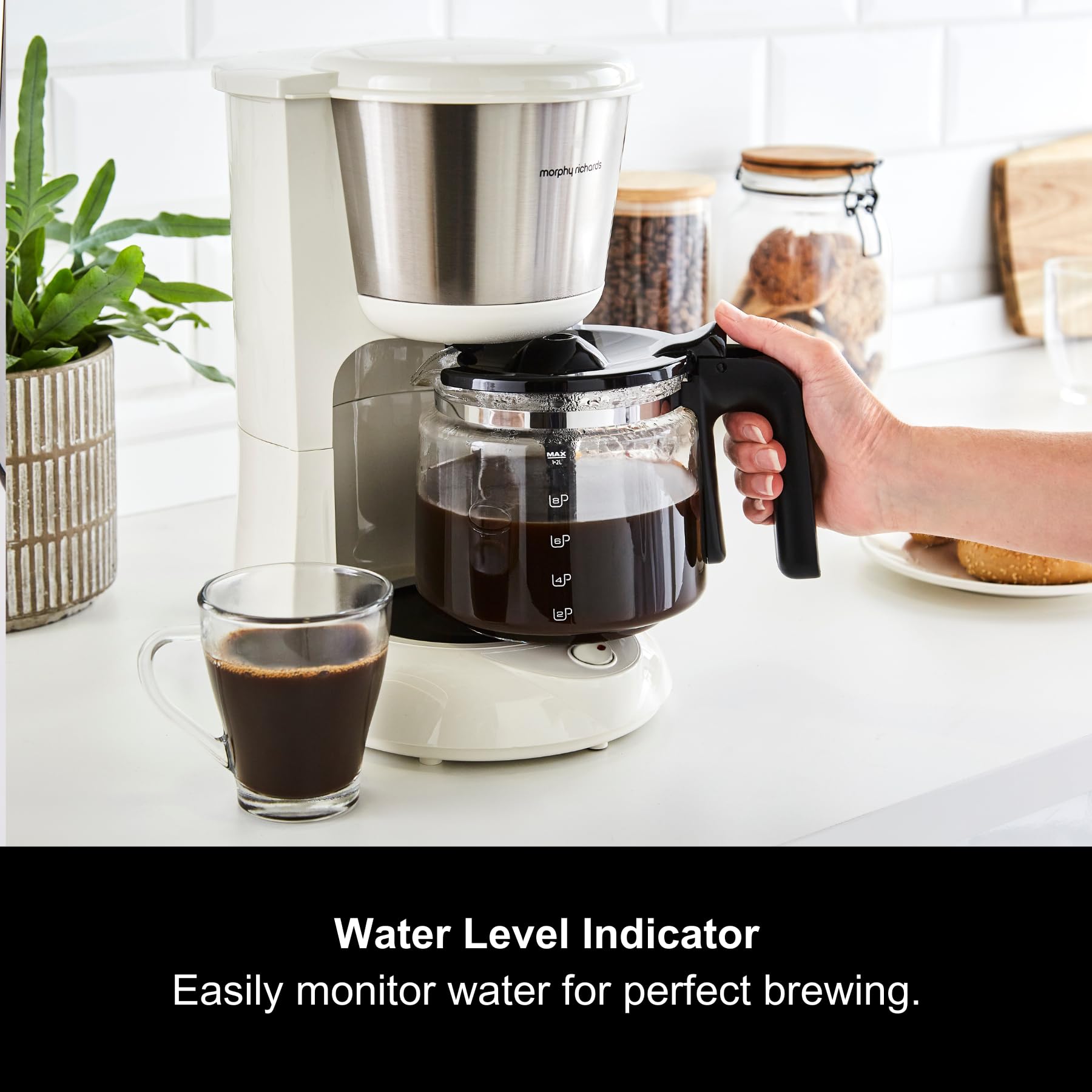 Morphy Richards Equip Filter Coffee Machine, Coffee Maker for Instant Coffee, Pour Over Technology, 10 Cup, Anti Drip, Reusable Filter, Keep Warm, Aroma Blender, Black/Brushed Steel, 162501