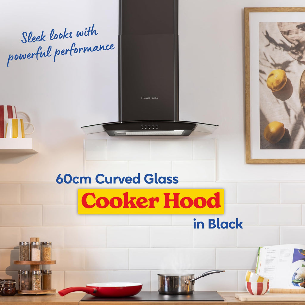 Russell Hobbs 60cm Curved Glass Cooker Hood in Stainless Steel with 3 Speed Settings, 1 x Carbon Filter, Extraction or Recirculation, 540m³/h Extraction Rate, A+ Energy Rating, RH60GCH92A1SS