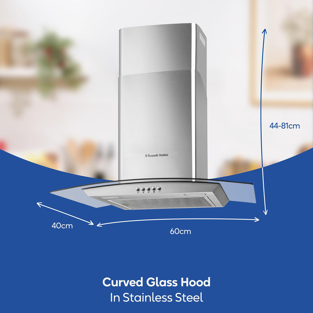Russell Hobbs 60cm Curved Glass Cooker Hood in Stainless Steel with 3 Speed Settings, 1 x Carbon Filter, Extraction or Recirculation, 540m³/h Extraction Rate, A+ Energy Rating, RH60GCH92A1SS