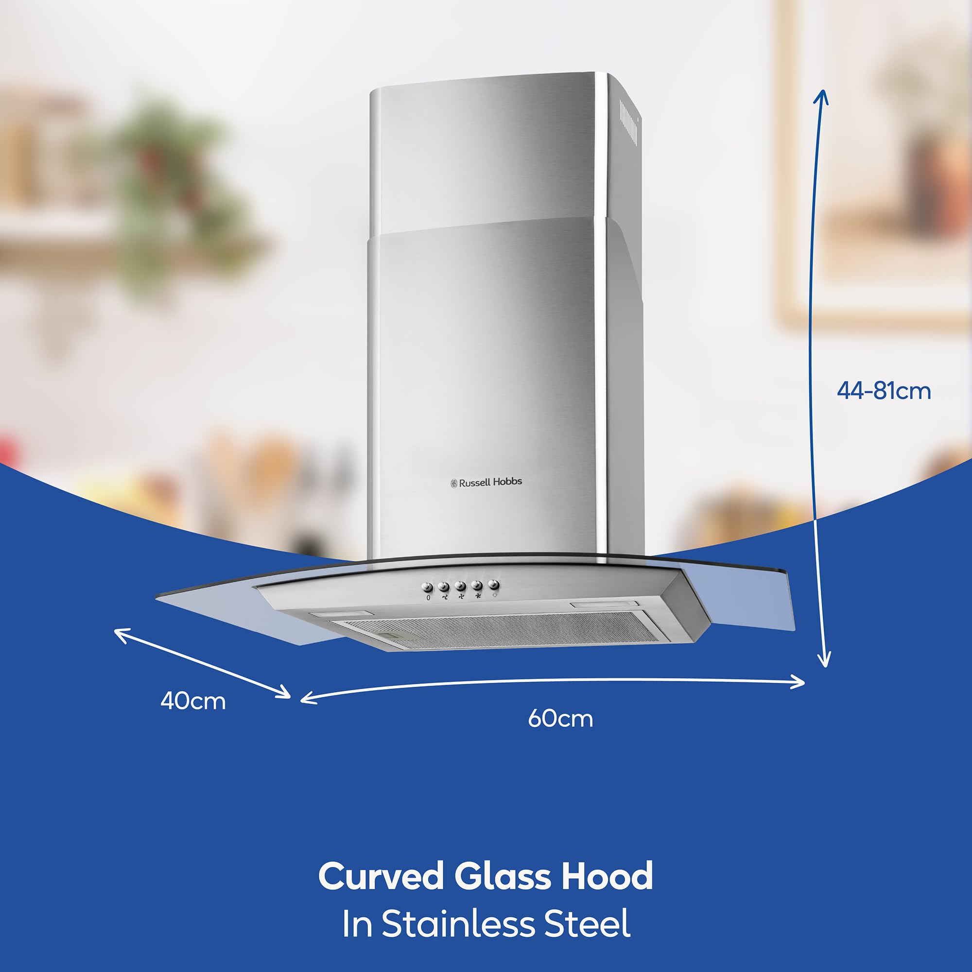 Russell Hobbs 60cm Curved Glass Cooker Hood in Stainless Steel with 3 Speed Settings, 1 x Carbon Filter, Extraction or Recirculation, 540m³/h Extraction Rate, A+ Energy Rating, RH60GCH92A1SS