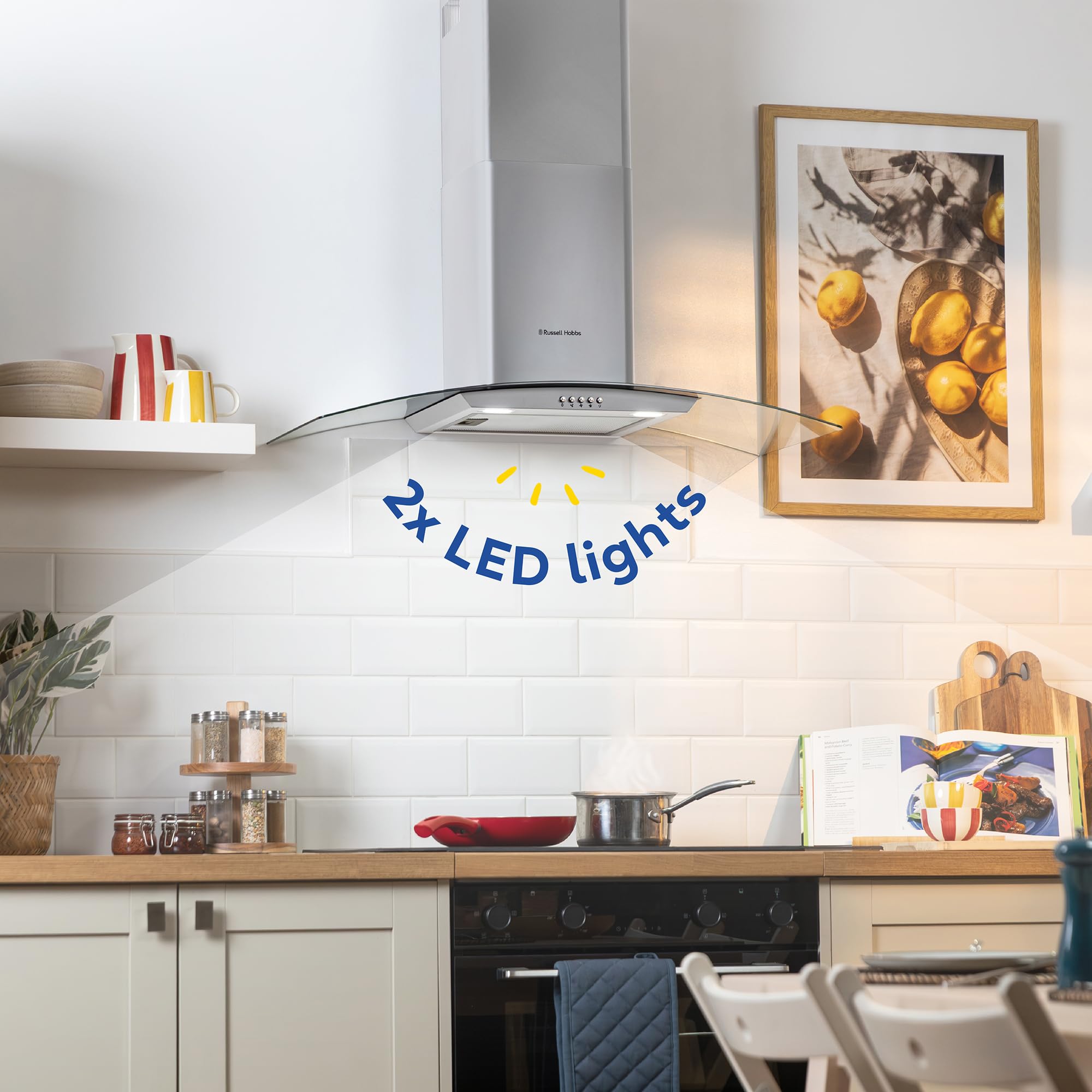 Russell Hobbs 60cm Curved Glass Cooker Hood in Stainless Steel with 3 Speed Settings, 1 x Carbon Filter, Extraction or Recirculation, 540m³/h Extraction Rate, A+ Energy Rating, RH60GCH92A1SS