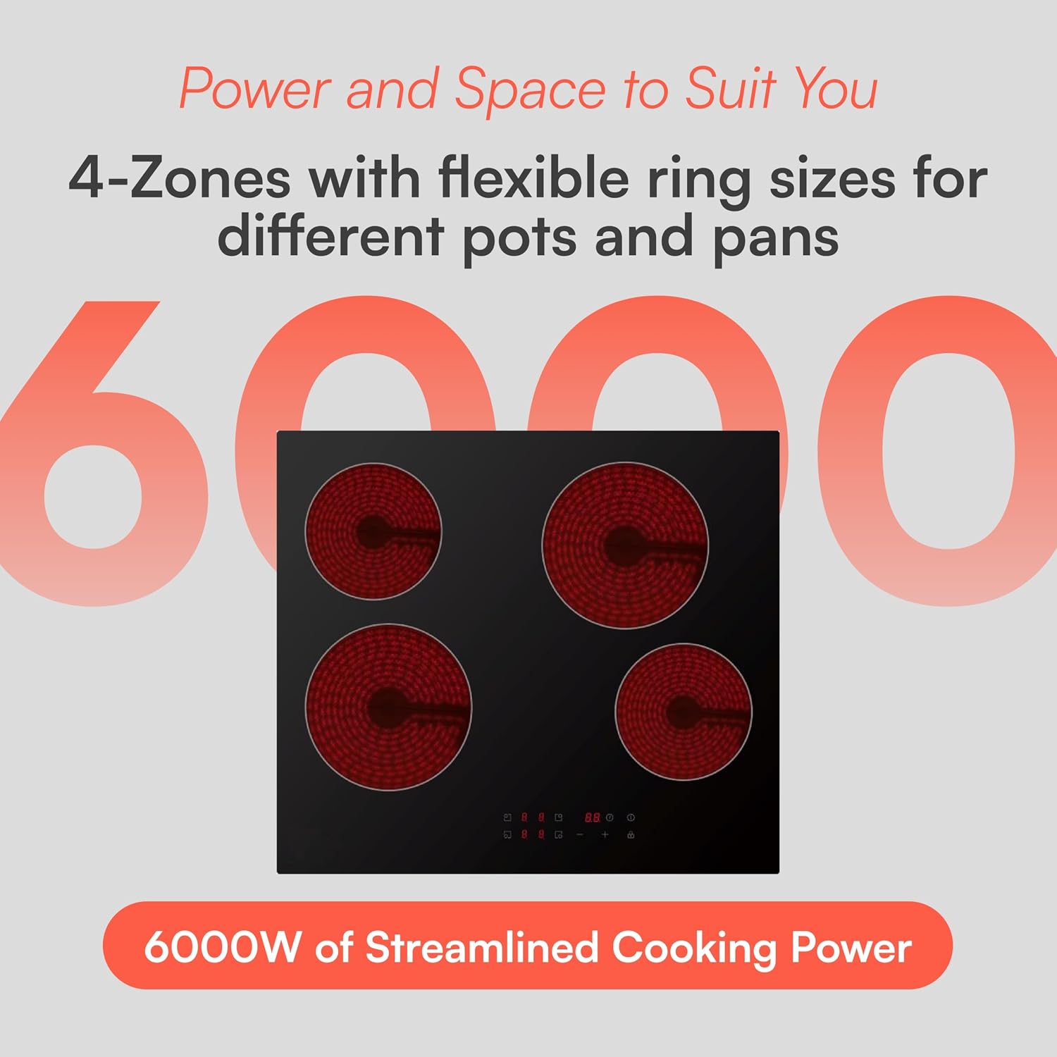 Cookology 60cm Electric Ceramic Hob - 4 Zone 6000W - Touch Control Panel - 9 Power Levels - Residual Heat Indicators & Child Lock - Easy-Clean
