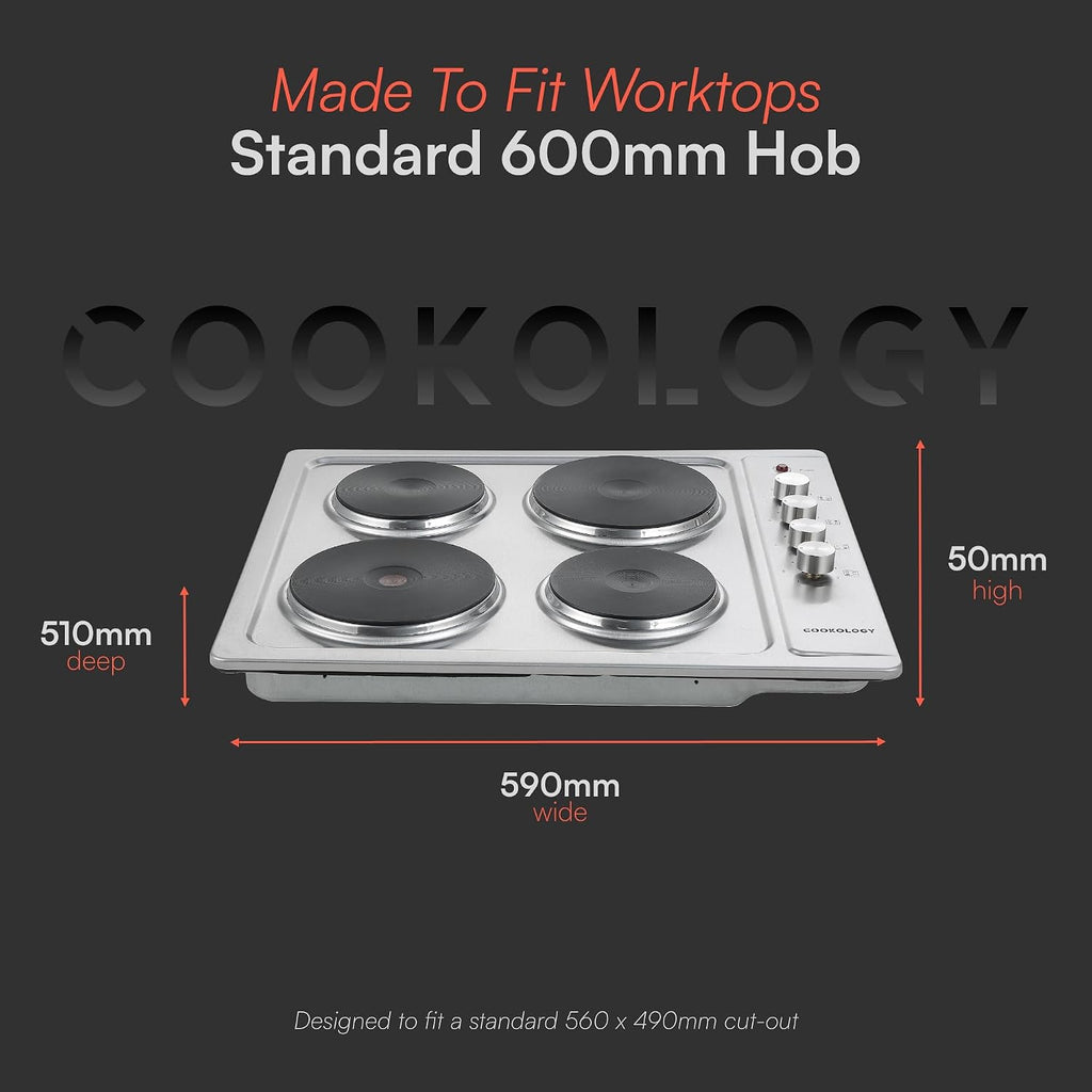 Cookology 60cm Solid Plate Electric Hob - 4 Cooking Zones - Built-in Worktop - 6 Heat Settings - Rotary Dials - Stainless Steel
