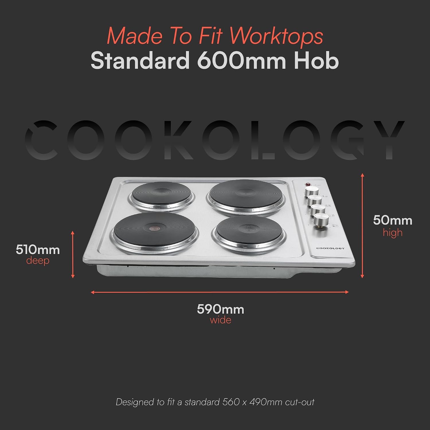 Cookology 60cm Solid Plate Electric Hob - 4 Cooking Zones - Built-in Worktop - 6 Heat Settings - Rotary Dials - Stainless Steel