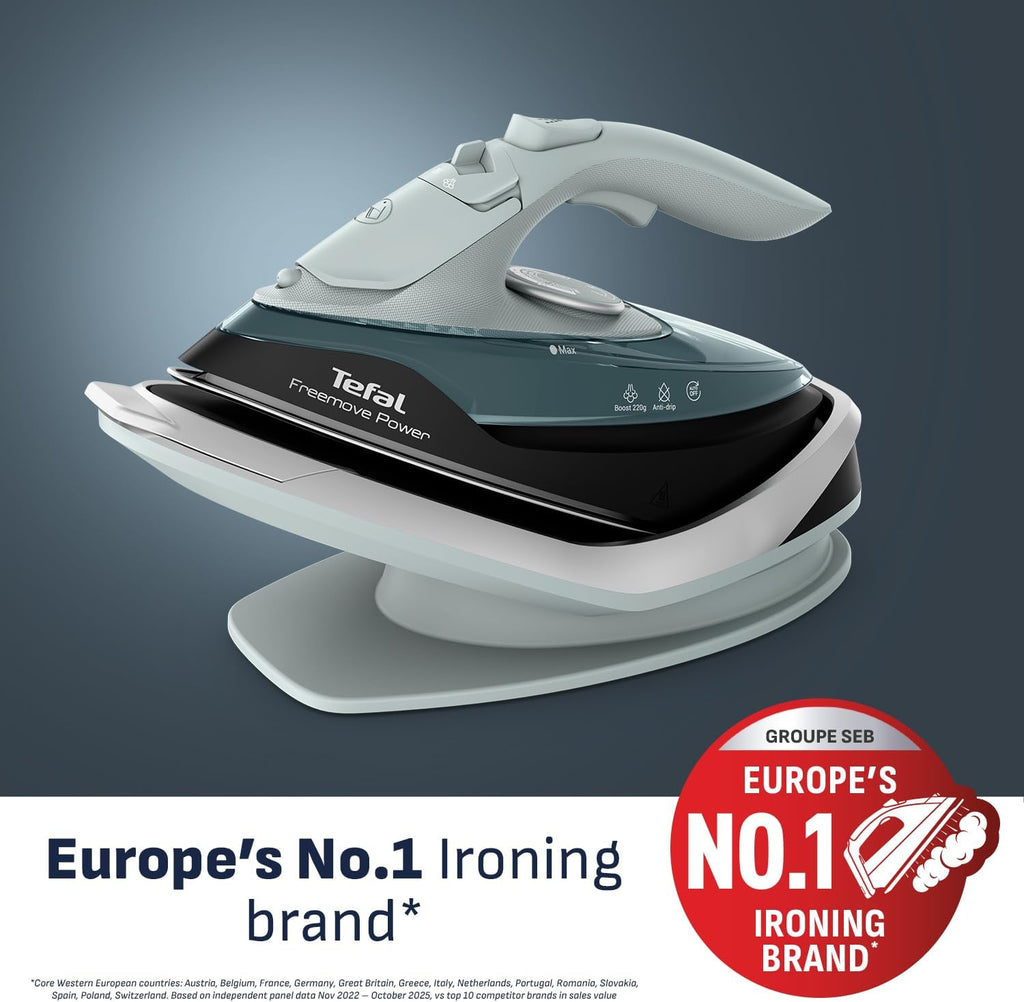 Tefal Freemove Power Cordless Steam Iron, 2600W, 220 g/min Steam Boost, 40g/min Continuous Steam, Fast Recharge Lightweight Design, Ceramic Soleplate, Auto Off Anti Drip, FV6672G0