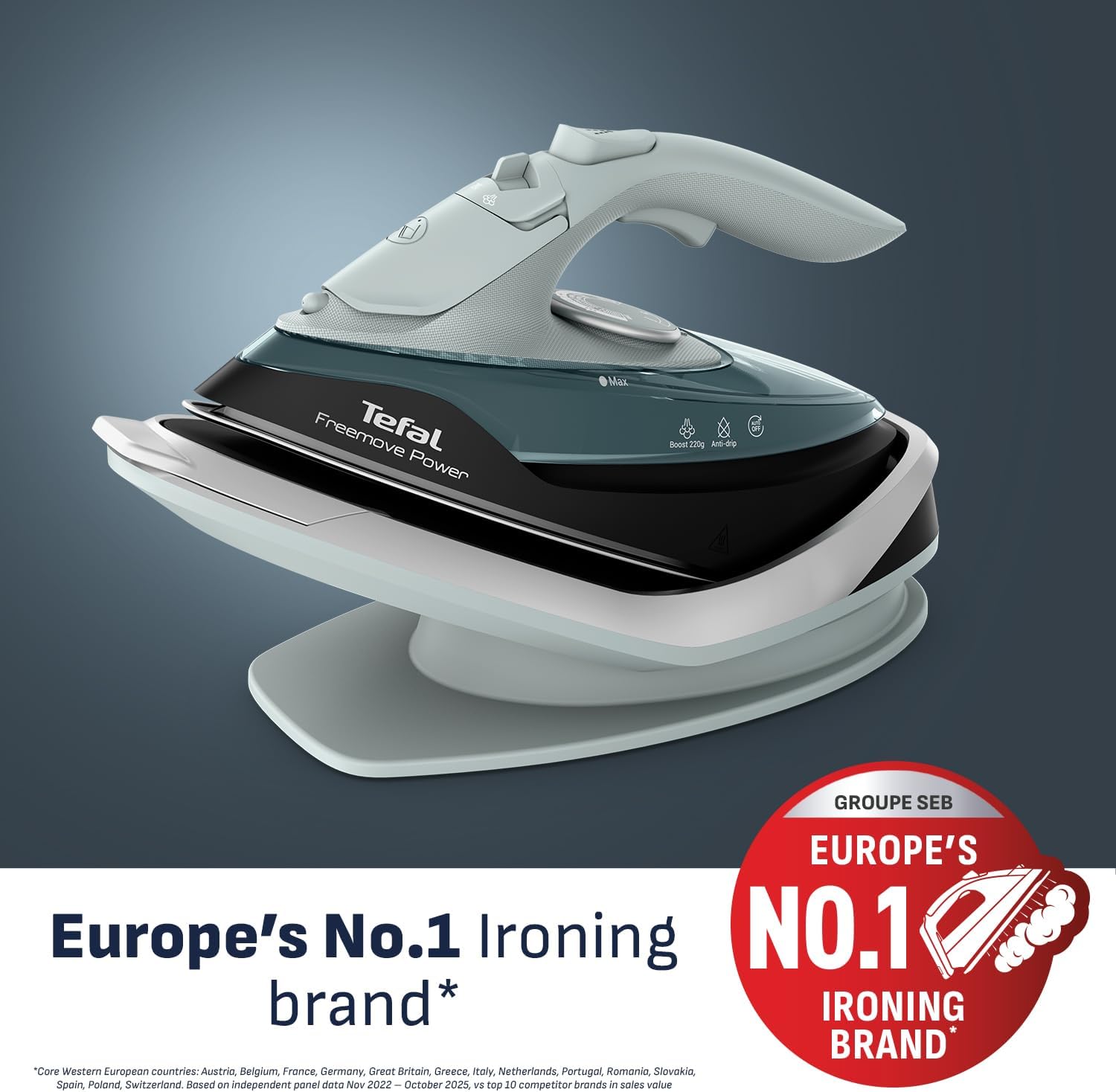 Tefal Freemove Power Cordless Steam Iron, 2600W, 220 g/min Steam Boost, 40g/min Continuous Steam, Fast Recharge Lightweight Design, Ceramic Soleplate, Auto Off Anti Drip, FV6672G0