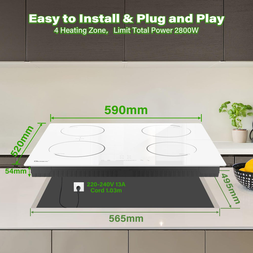 GlONlEN Plug-in Induction Hob 13 Amp 2800W,60cm Integrated Electric Cooktop with Bridge Zone, 4 Cooking Rings Cooker GIT470SP,Drop-in Ranges