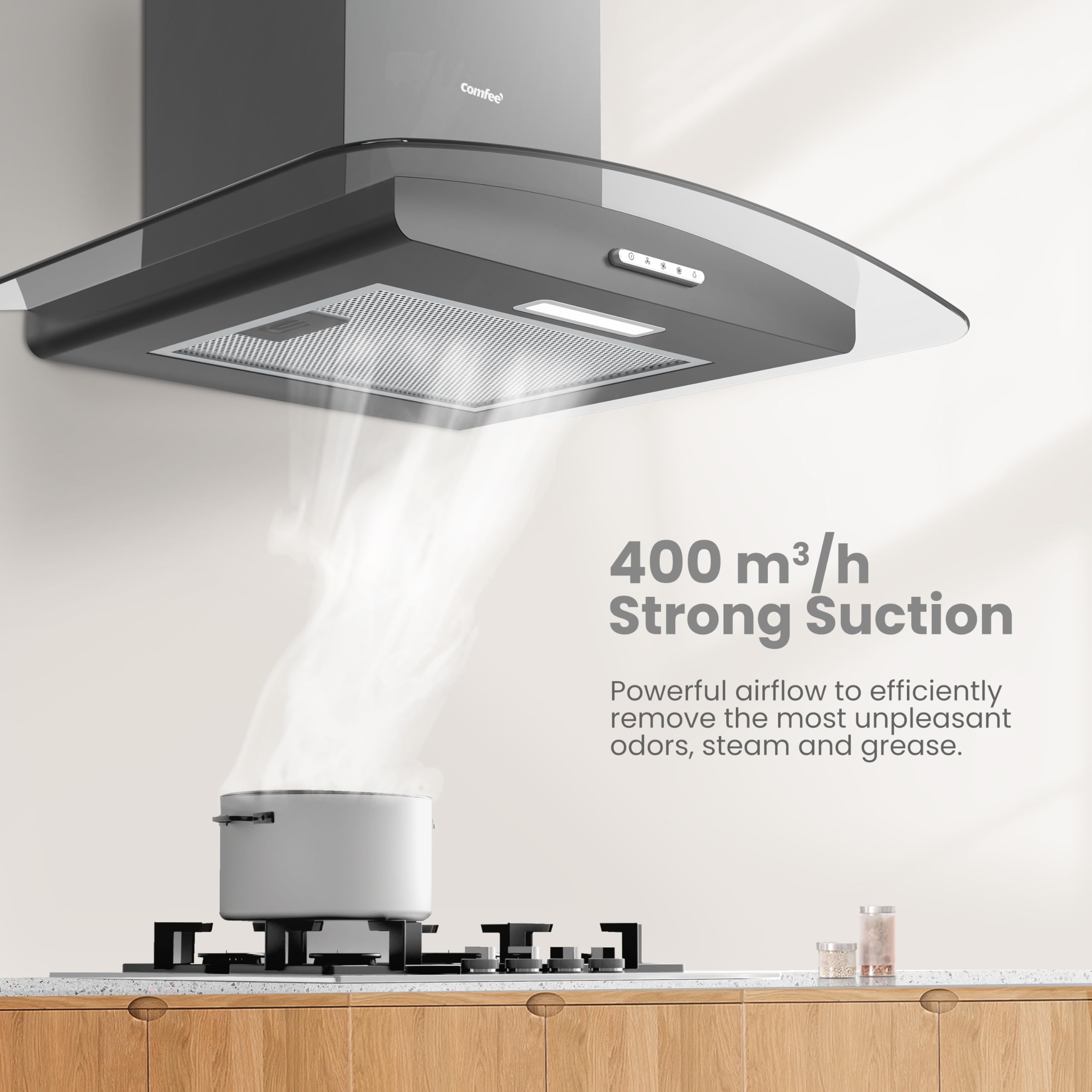 COMFEE' Canopy Cooker Hood 60cm GLAV17B-60 Curved Glass Chimney Hood with LED Light, 600mm Kitchen Extractor Fan Kitchen- Black