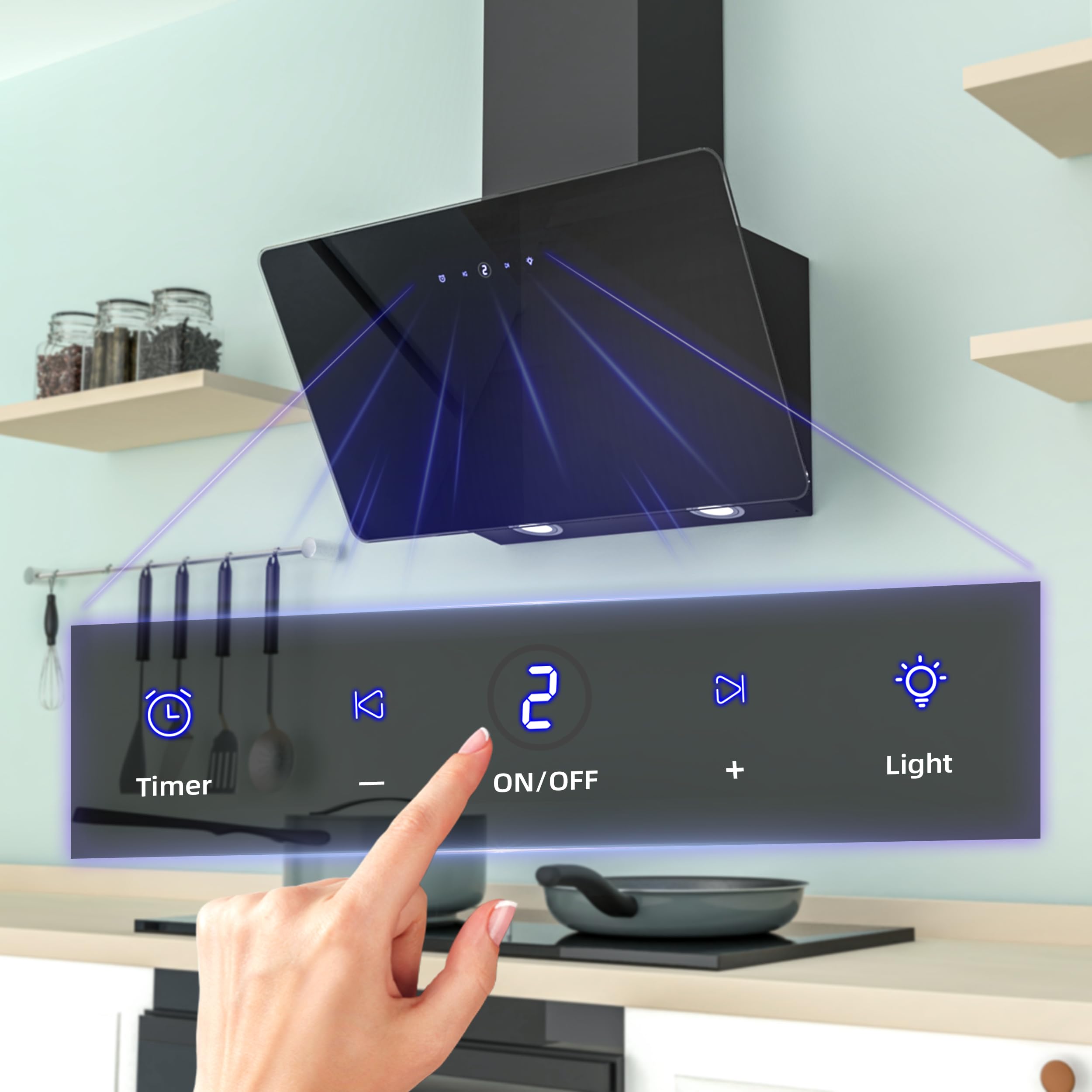 FIREGAS 60cm Angled Chimney Cooker Hood with LED Lights, Brushless Motor, Low Noise,Touch Control,Efficiency A++