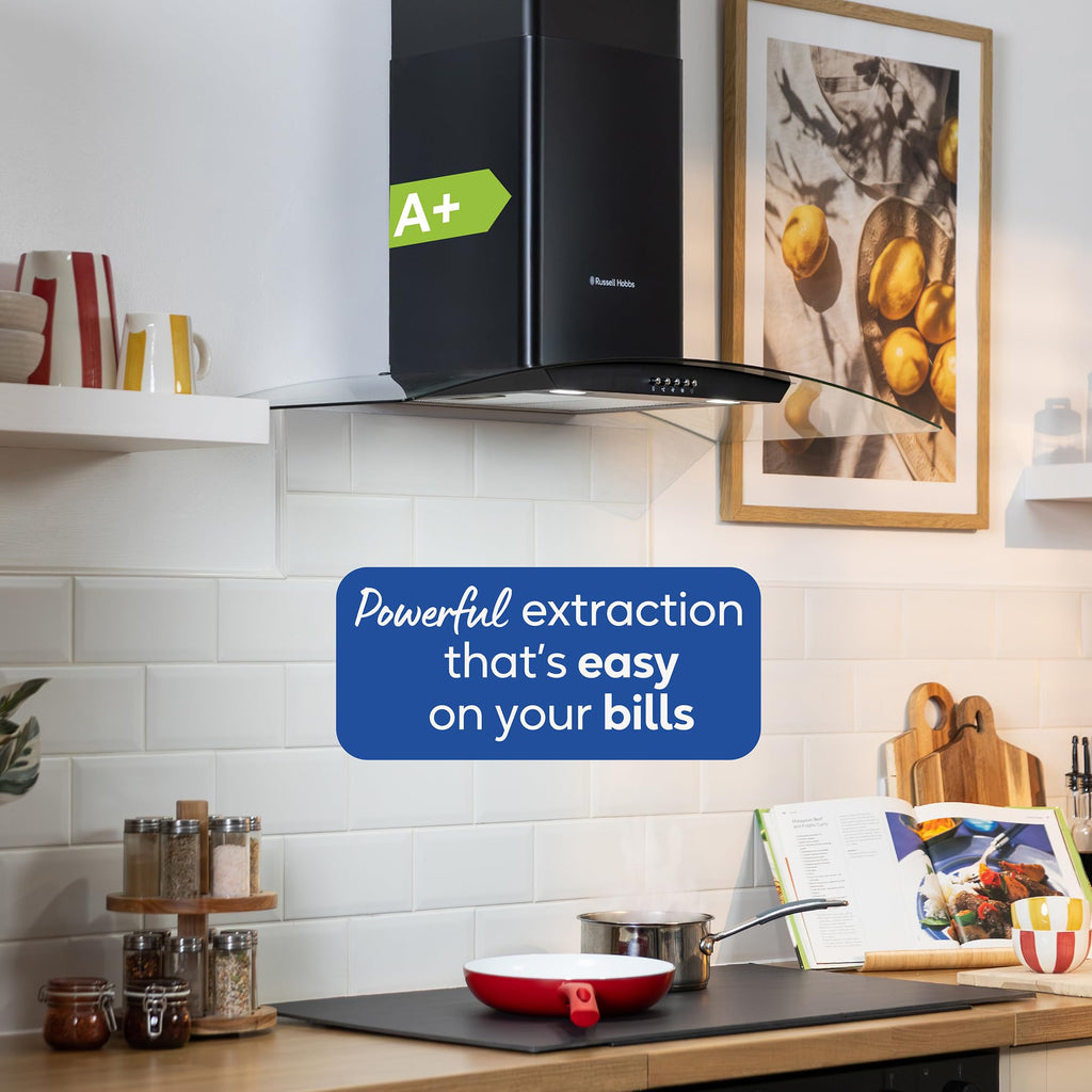 Russell Hobbs 60cm Curved Glass Cooker Hood in Stainless Steel with 3 Speed Settings, 1 x Carbon Filter, Extraction or Recirculation, 540m³/h Extraction Rate, A+ Energy Rating, RH60GCH92A1SS