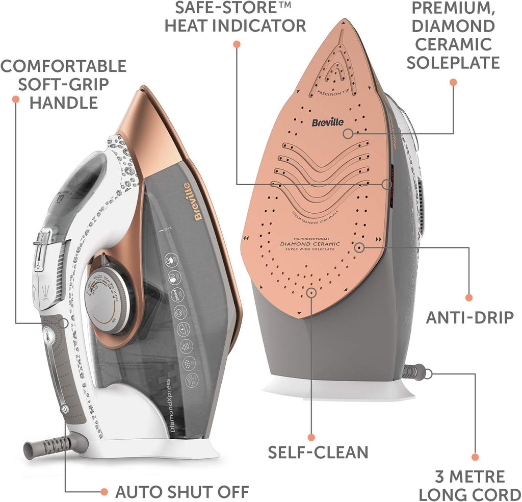Breville DiamondXpress Steam Iron | 3100 W | 200G Steam Shot | Multi-Directional Diamond Ceramic Soleplate | 400 ml Easy-Fill Water Tank White & Rose Gold | VIN401