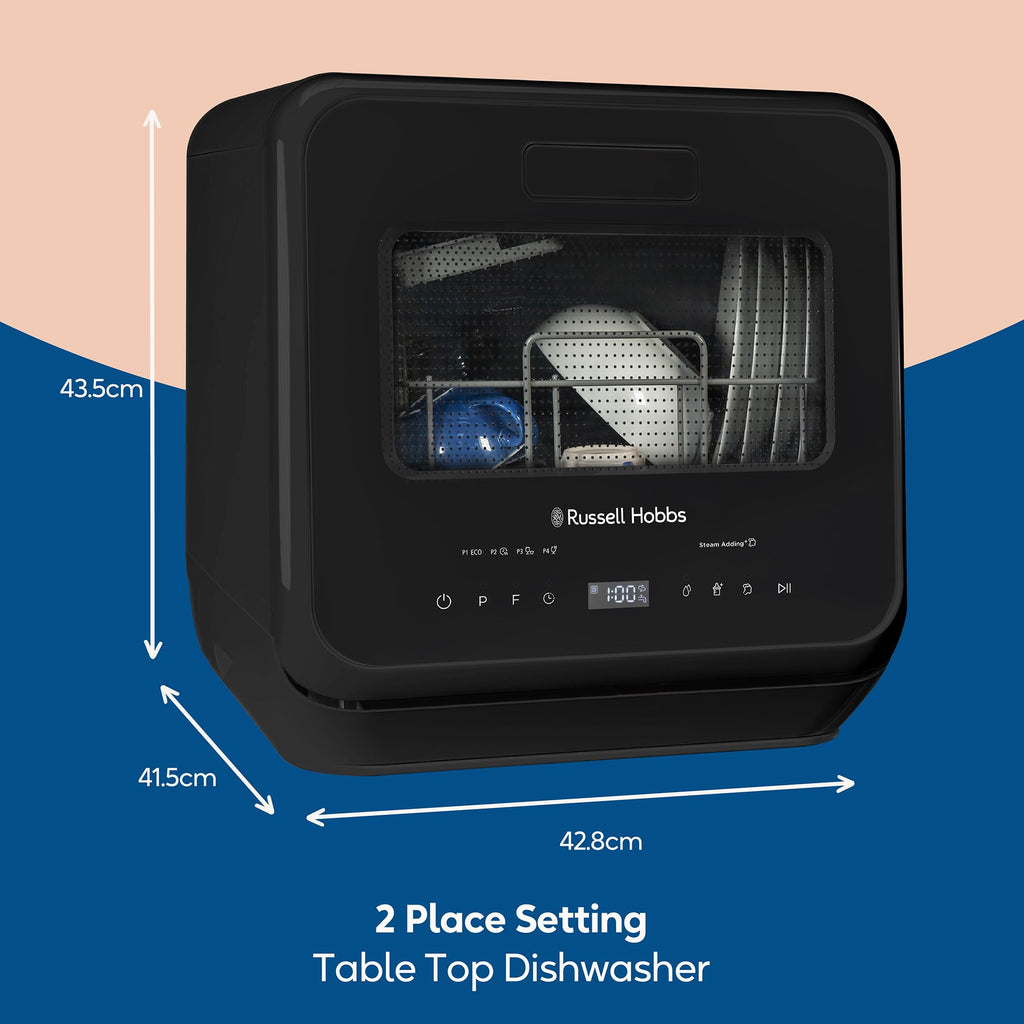 Russell Hobbs Mini Dishwasher Compact Table Top Black 2 Place Setting Dishwasher, LED Touch Control, 4 Programmes, Portable & Efficient, Baby Care, Fruit Wash & Eco Mode, No Plumbing, RH2TTDW101B