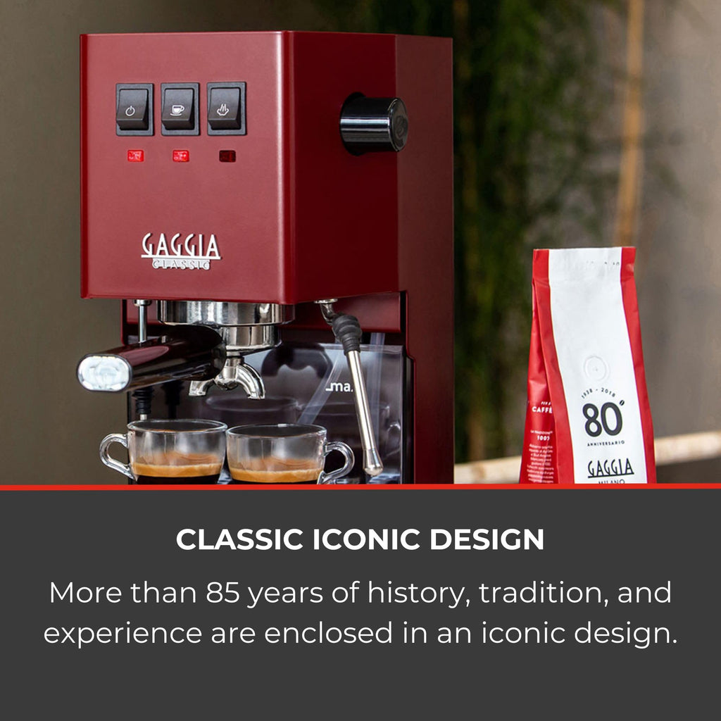 Gaggia Classic E24 Evo Pro Manual Espresso Coffee Machine Maker with Brass Boiler & Solenoid Valve - Cherry Red