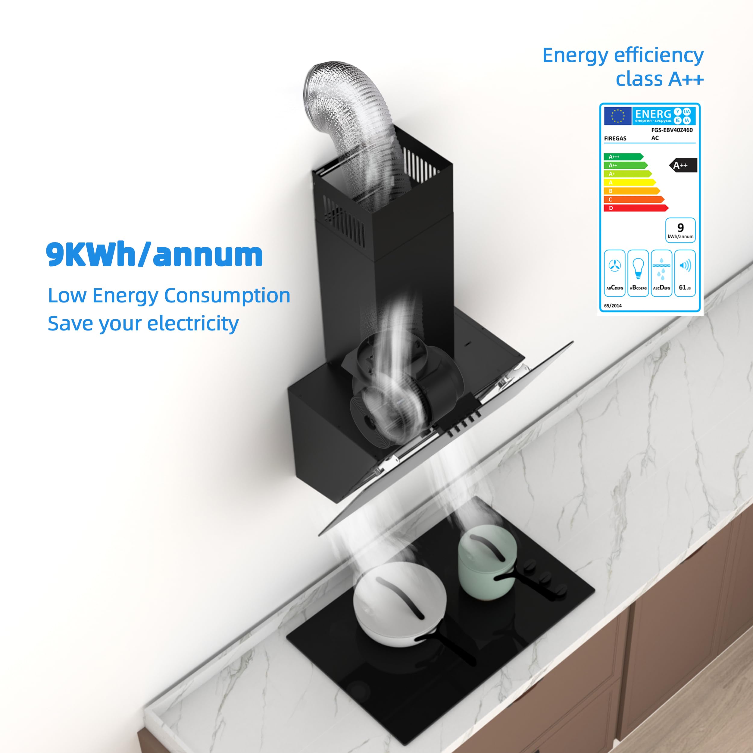 FIREGAS 60cm Angled Chimney Cooker Hood with LED Lights, Brushless Motor, Low Noise,Touch Control,Efficiency A++