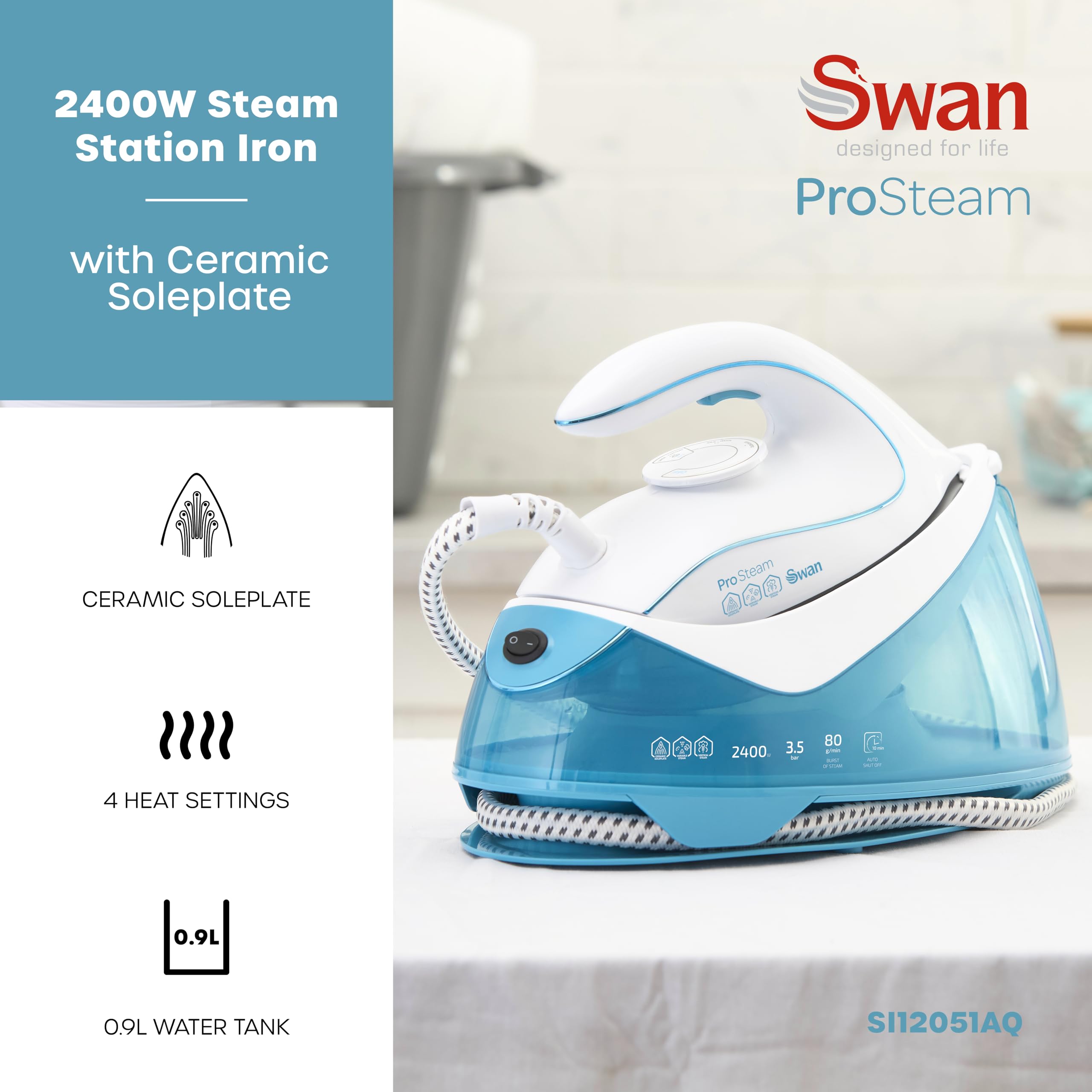 Swan SI16410N 2-in-1 Cord or Cordless Steam Press Iron, Non-Stick Ceramic Soleplate, 2800W, Blue