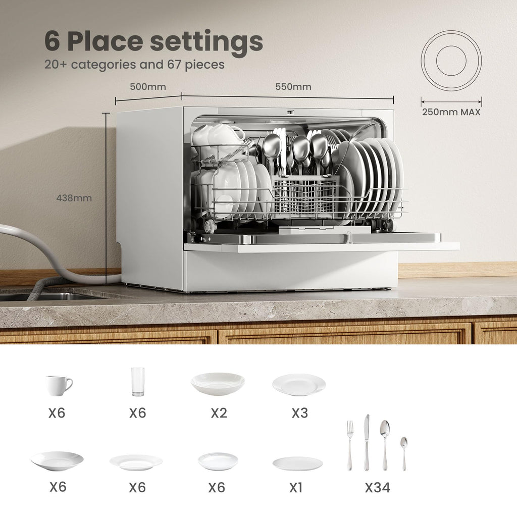 COMFEE' 2026 New Upgraded Table Top Dishwasher with 6 Place Settings, Mini Countertop Dishwasher for Small Families, Couples, Auto Open Dry, LED display, Delay Start, 47dB Quiet Noise, White
