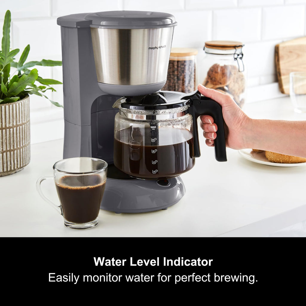 Morphy Richards Equip Filter Coffee Machine, Coffee Maker for Instant Coffee, Pour Over Technology, 10 Cup, Anti Drip, Reusable Filter, Keep Warm, Aroma Blender, Black/Brushed Steel, 162501