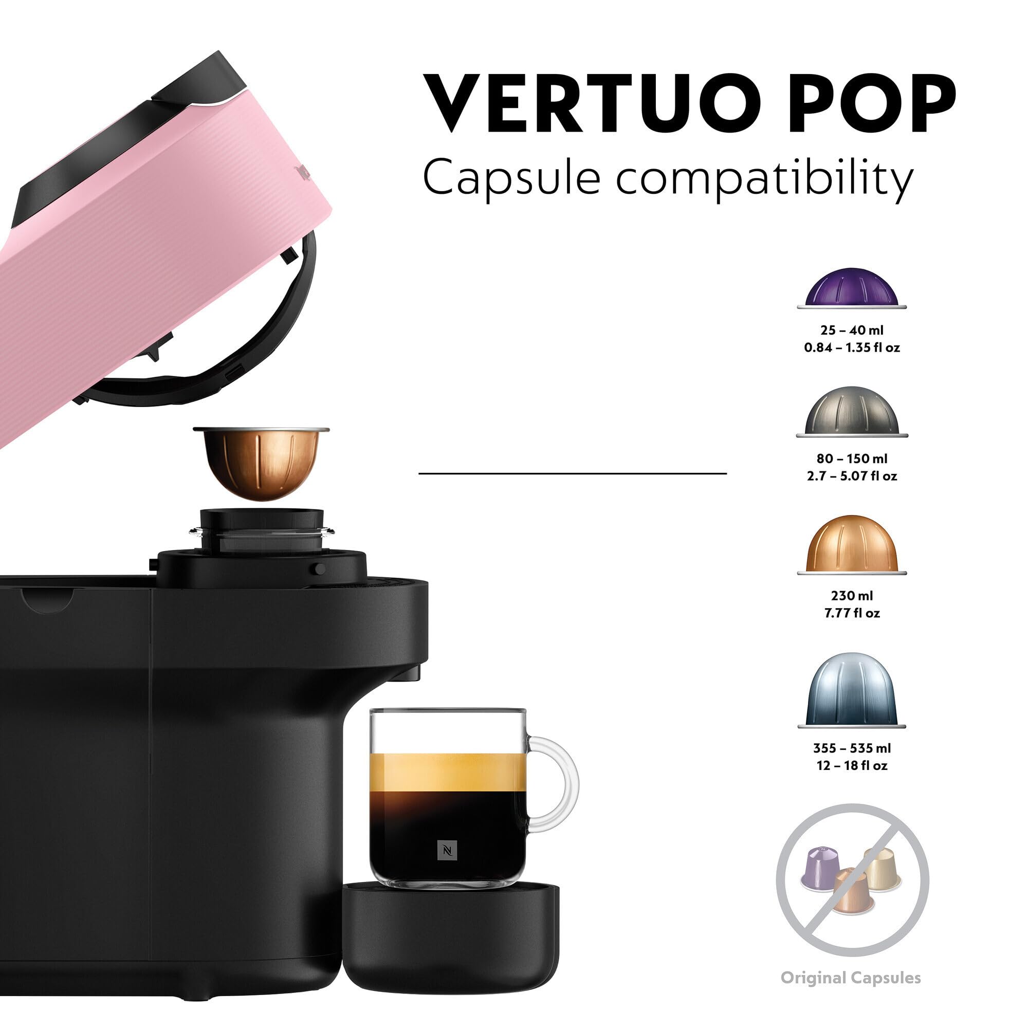 Nespresso Vertuo Pop Coffee Machine by De'Longhi, Over 40 Varieties of Pods, 6 Coffee Cup Sizes, Espresso, Cappuccino, Starter Capsule Set Included, ENV90.P, Pink