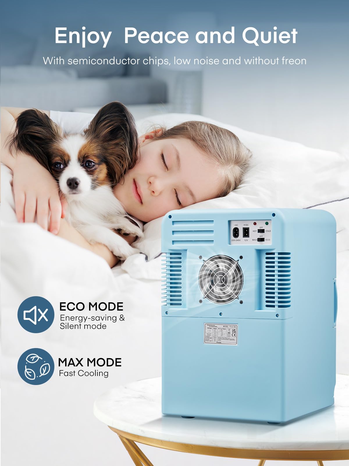 Mini Fridge for Bedrooms, 15 Liter /21 Cans Portable Small Fridge, AC+DC Power Car, Office, Thermoelectric Cooler & Warmer Skincare for Food, Drinks, Cosmetics, Max & ECO Mode, Black