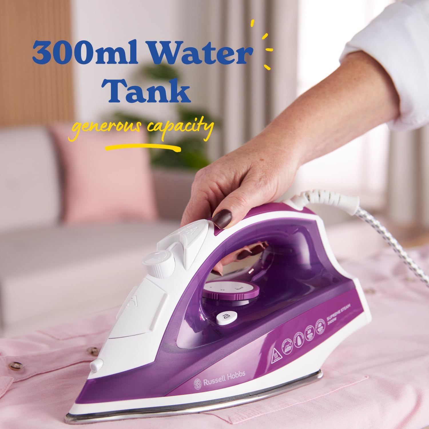 Russell Hobbs Supreme Steam Iron, Powerful Vertical steam Function, Non-Stick Stainless Steel Soleplate, Easy Fill 300ml Water Tank, 110g Steam Shot, 40g Continuous steam, 2m Cord, 2400W, 23060