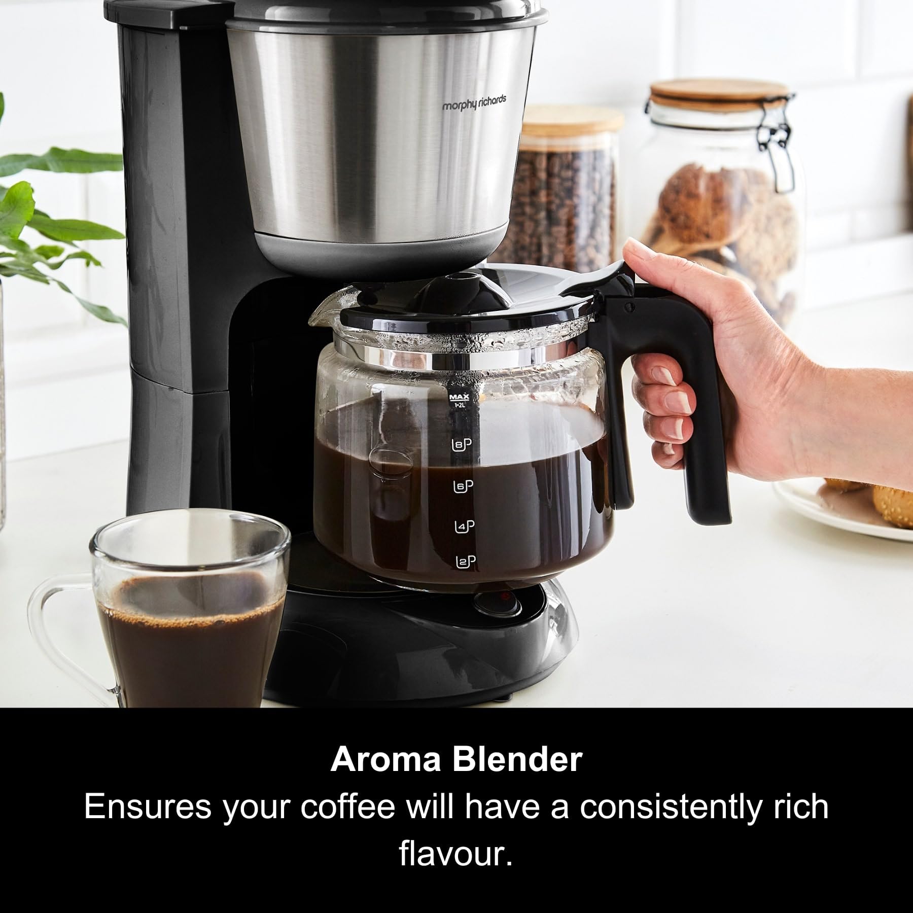 Morphy Richards Equip Filter Coffee Machine, Coffee Maker for Instant Coffee, Pour Over Technology, 10 Cup, Anti Drip, Reusable Filter, Keep Warm, Aroma Blender, Black/Brushed Steel, 162501